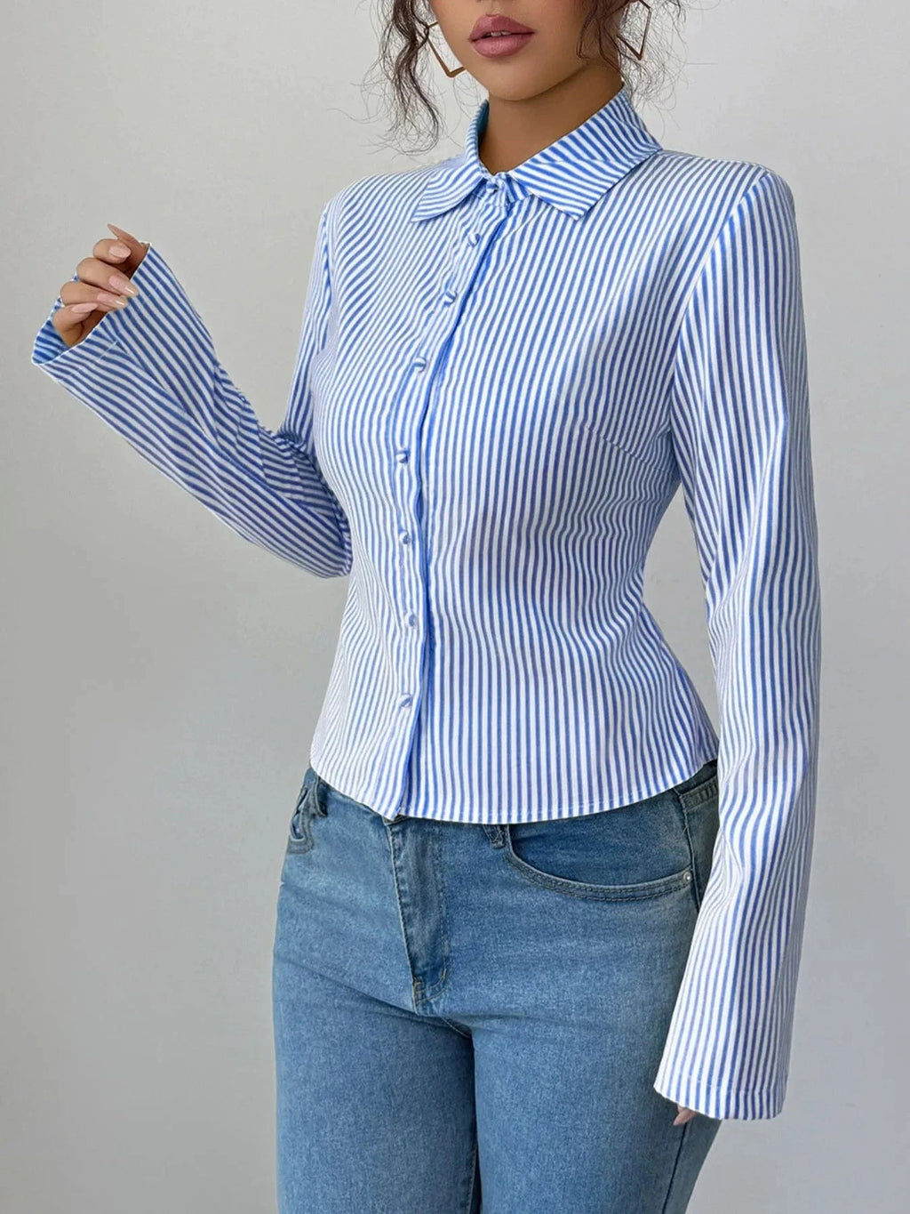Striped Button - Up Long Sleeve Shirt - ShalayeFashion