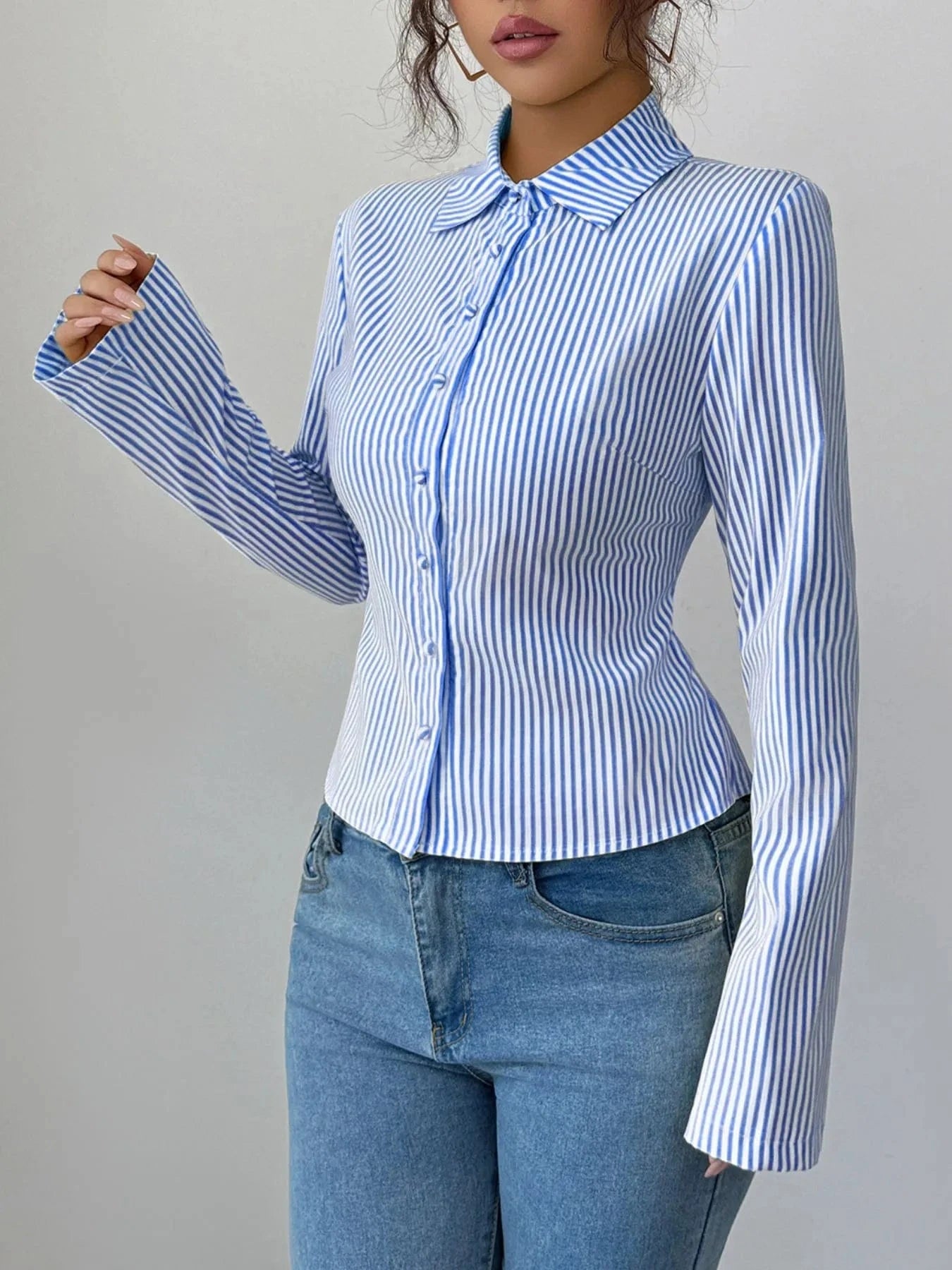 Striped Button - Up Long Sleeve Shirt - ShalayeFashion