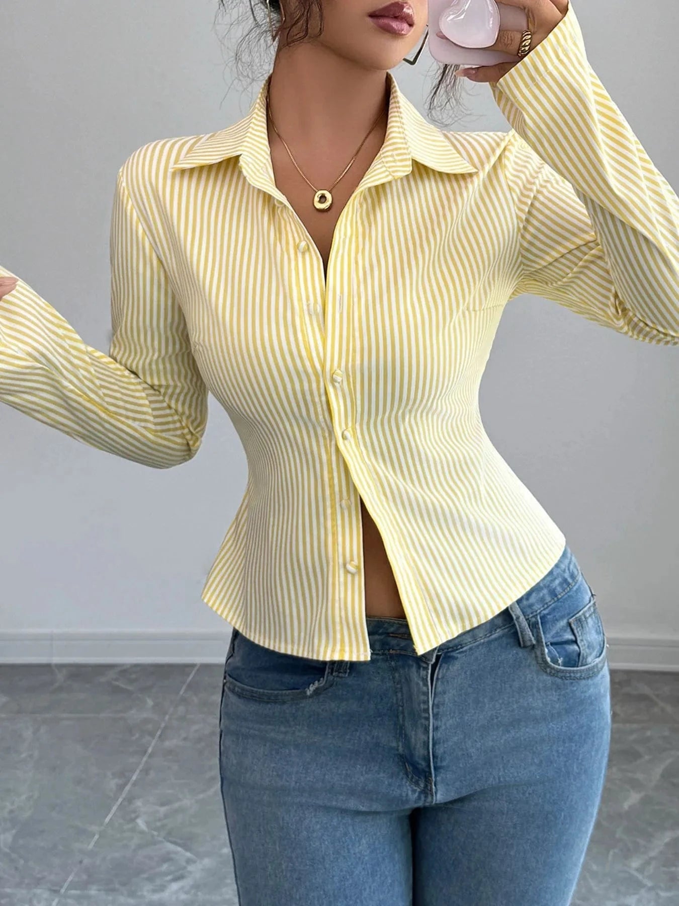 Striped Button - Up Long Sleeve Shirt - ShalayeFashion