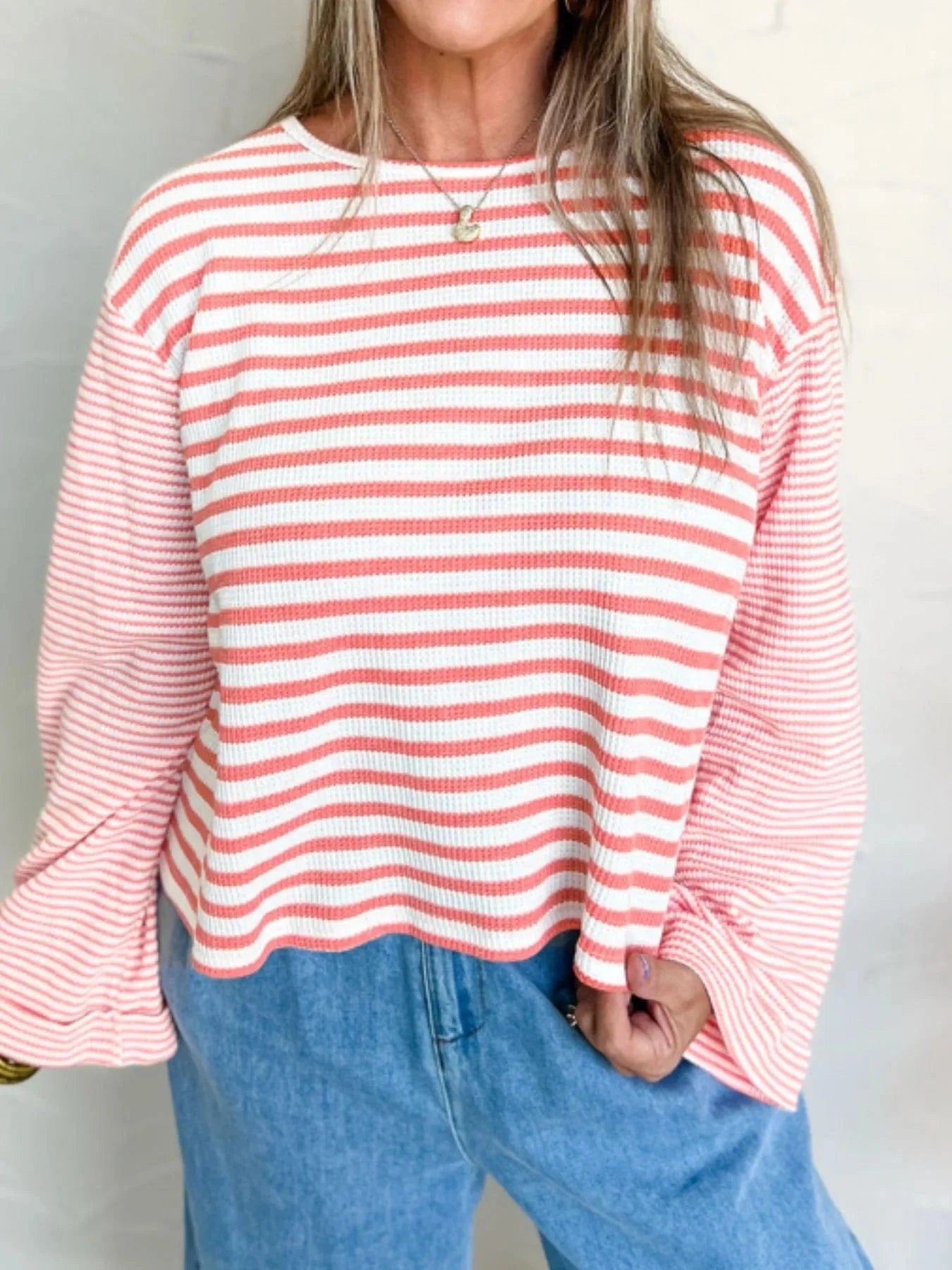 Striped Long Sleeve Ribbed Blouse - ShalayeFashion