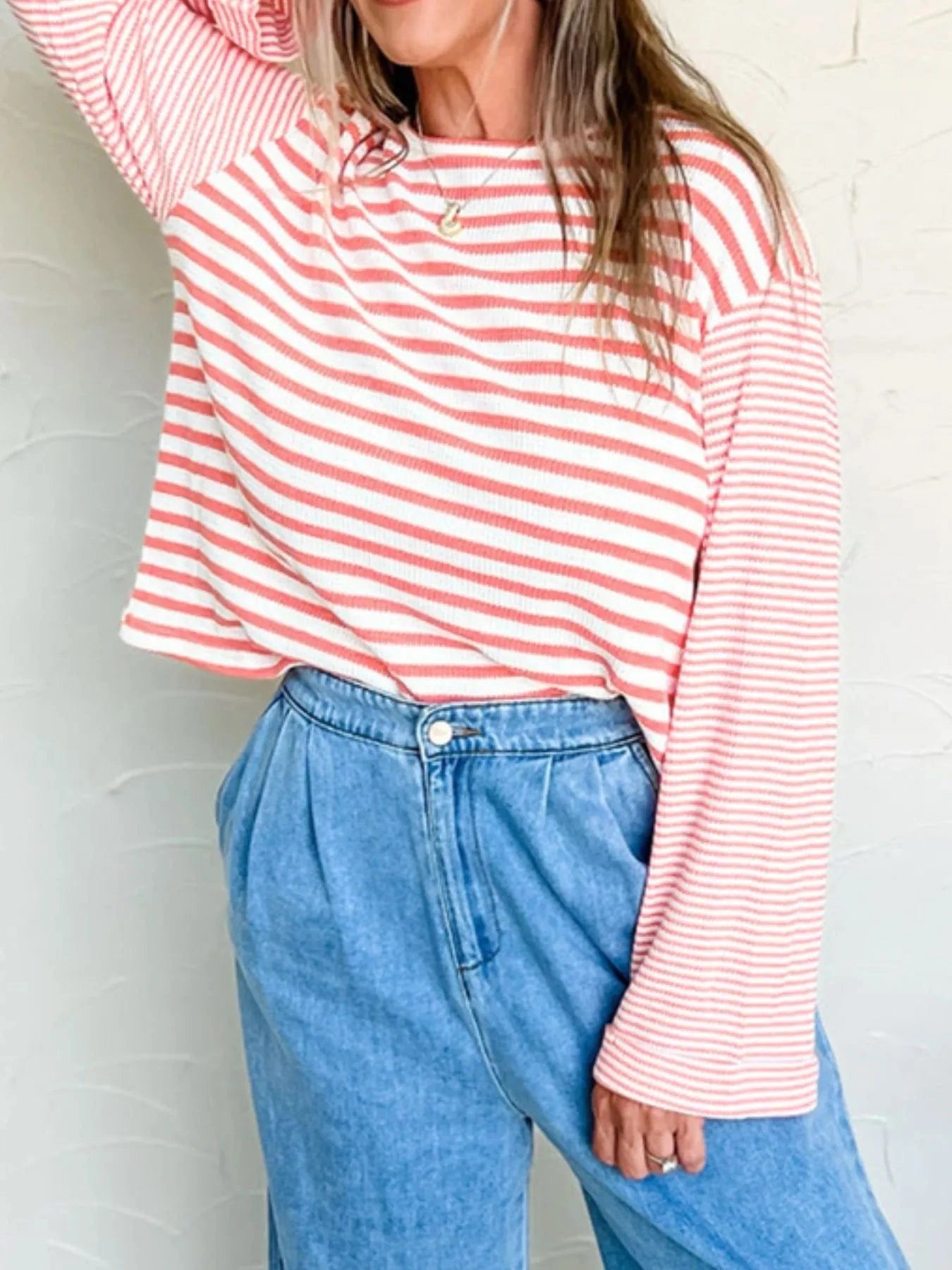 Striped Long Sleeve Ribbed Blouse - ShalayeFashion