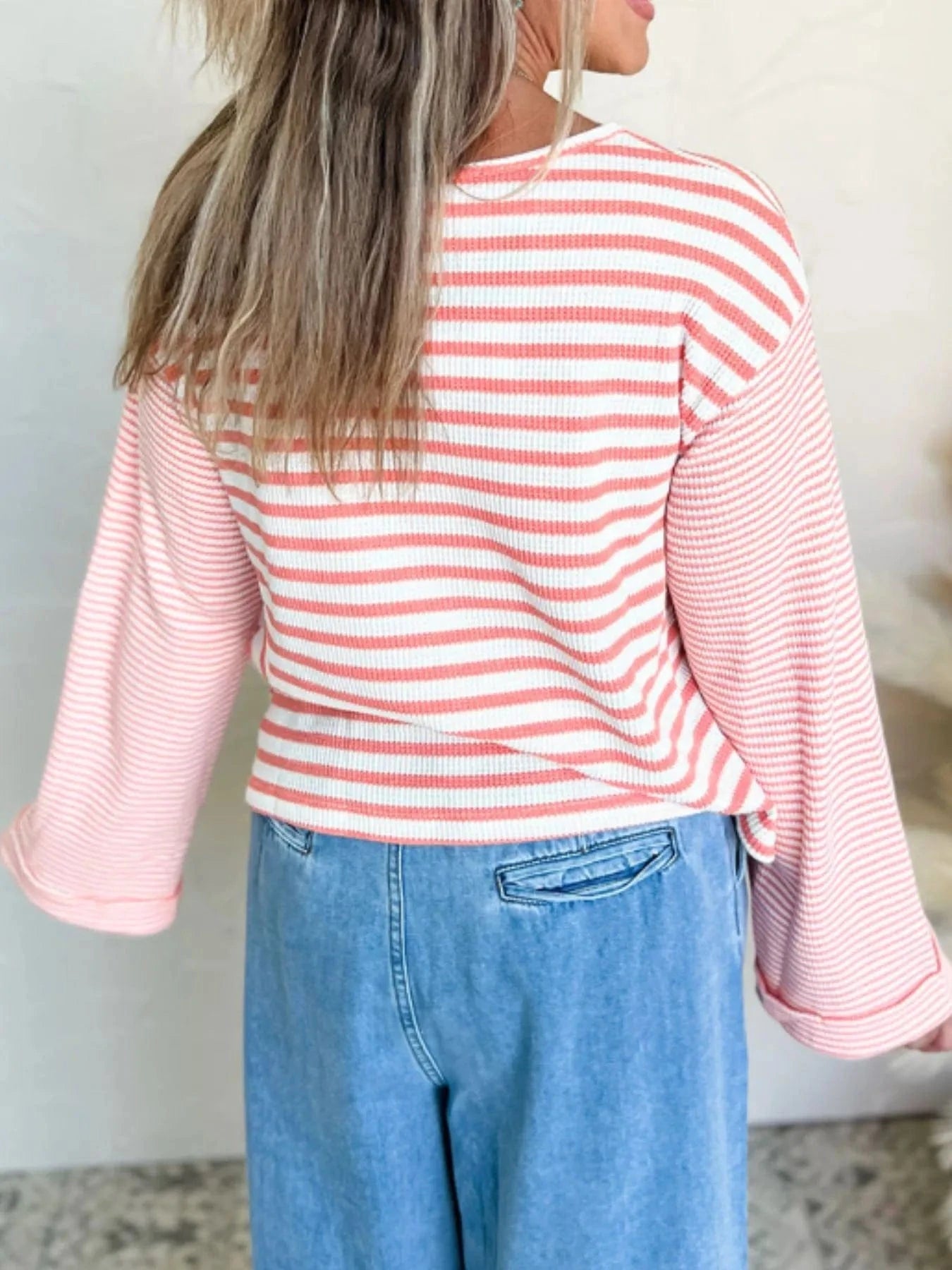 Striped Long Sleeve Ribbed Blouse - ShalayeFashion