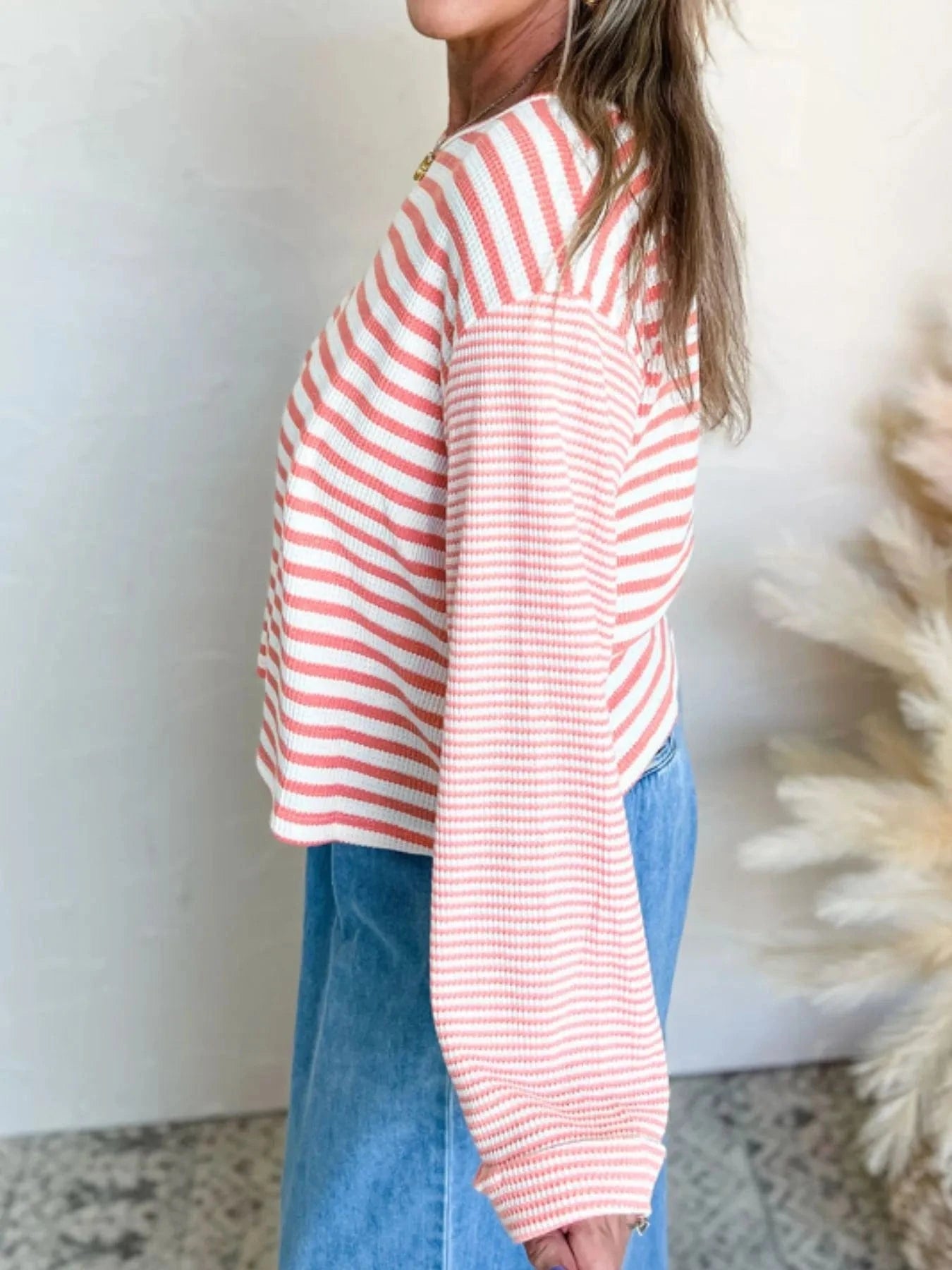 Striped Long Sleeve Ribbed Blouse - ShalayeFashion