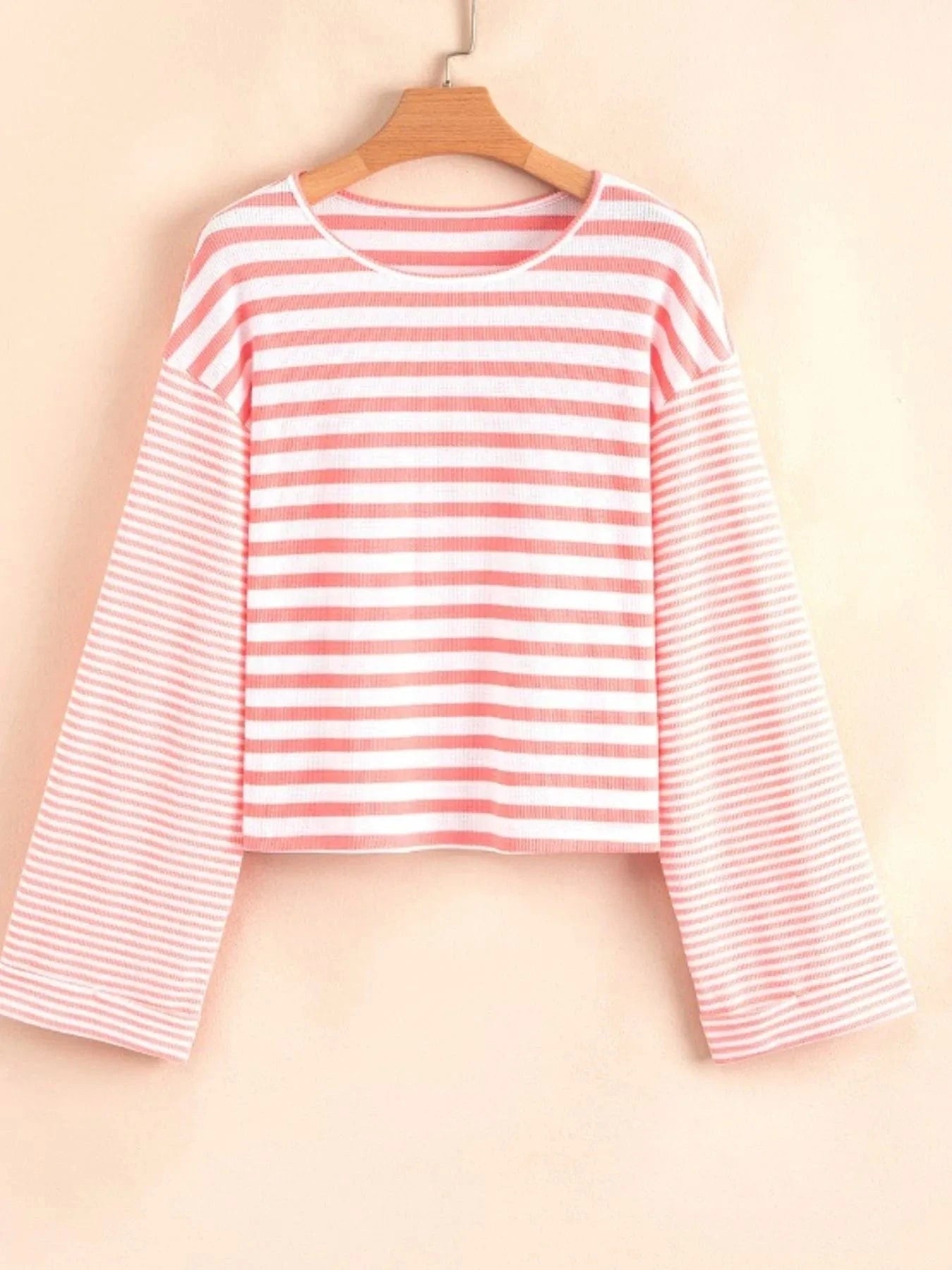 Striped Long Sleeve Ribbed Blouse - ShalayeFashion