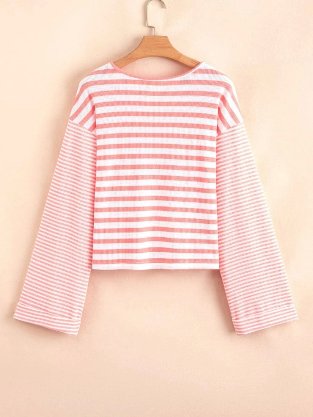 Striped Long Sleeve Ribbed Blouse - ShalayeFashion