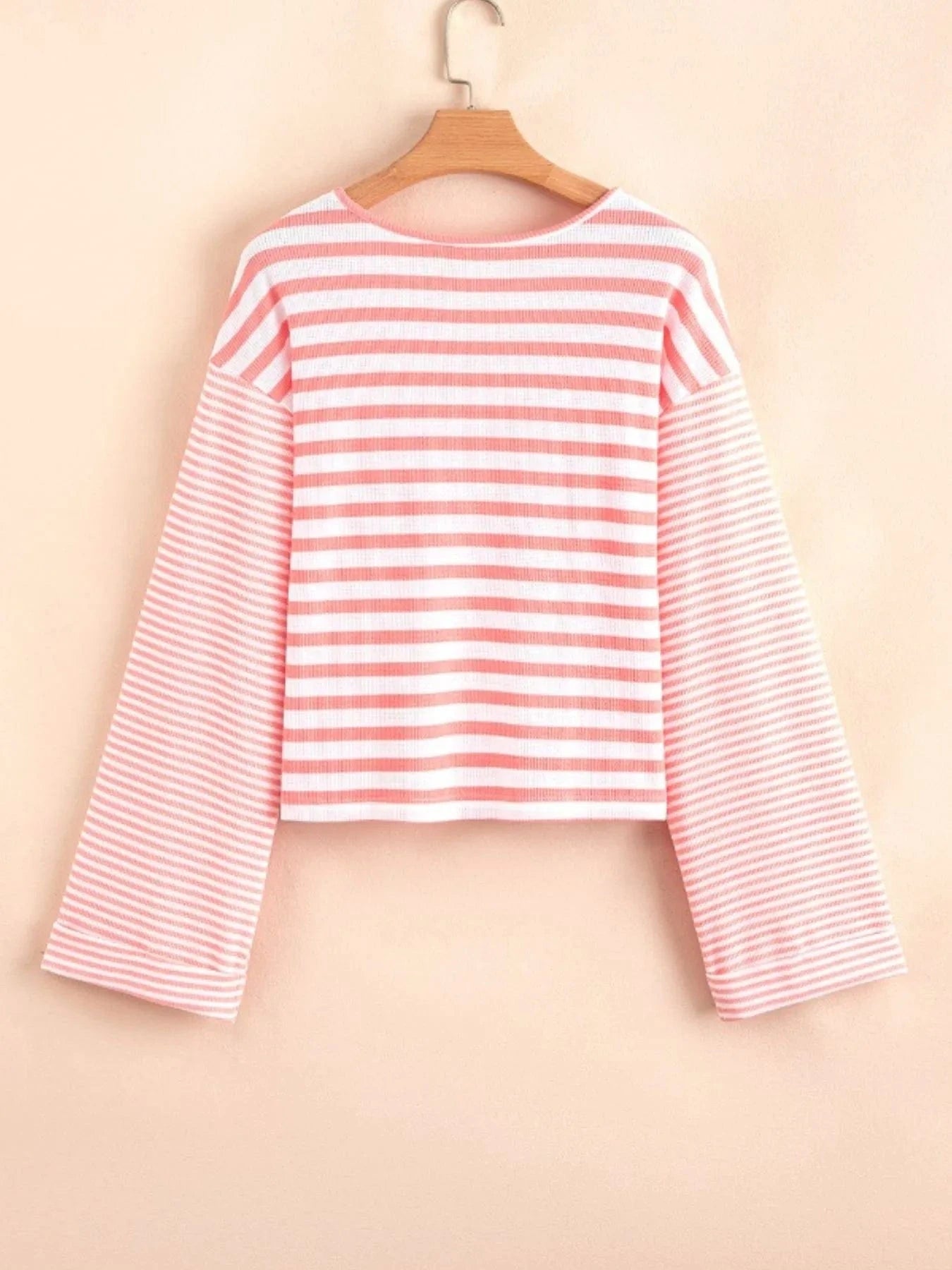 Striped Long Sleeve Ribbed Blouse - ShalayeFashion