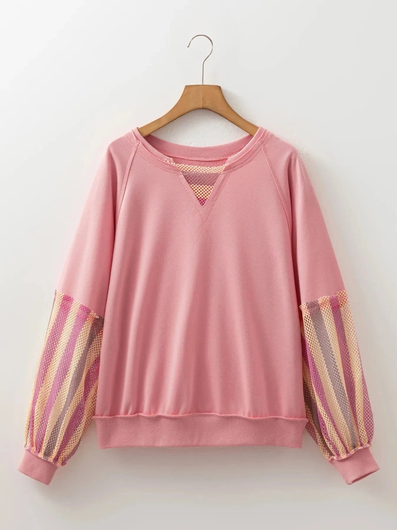 Striped Mesh Sleeve Patchwork Exposed Seam Top - ShalayeFashion