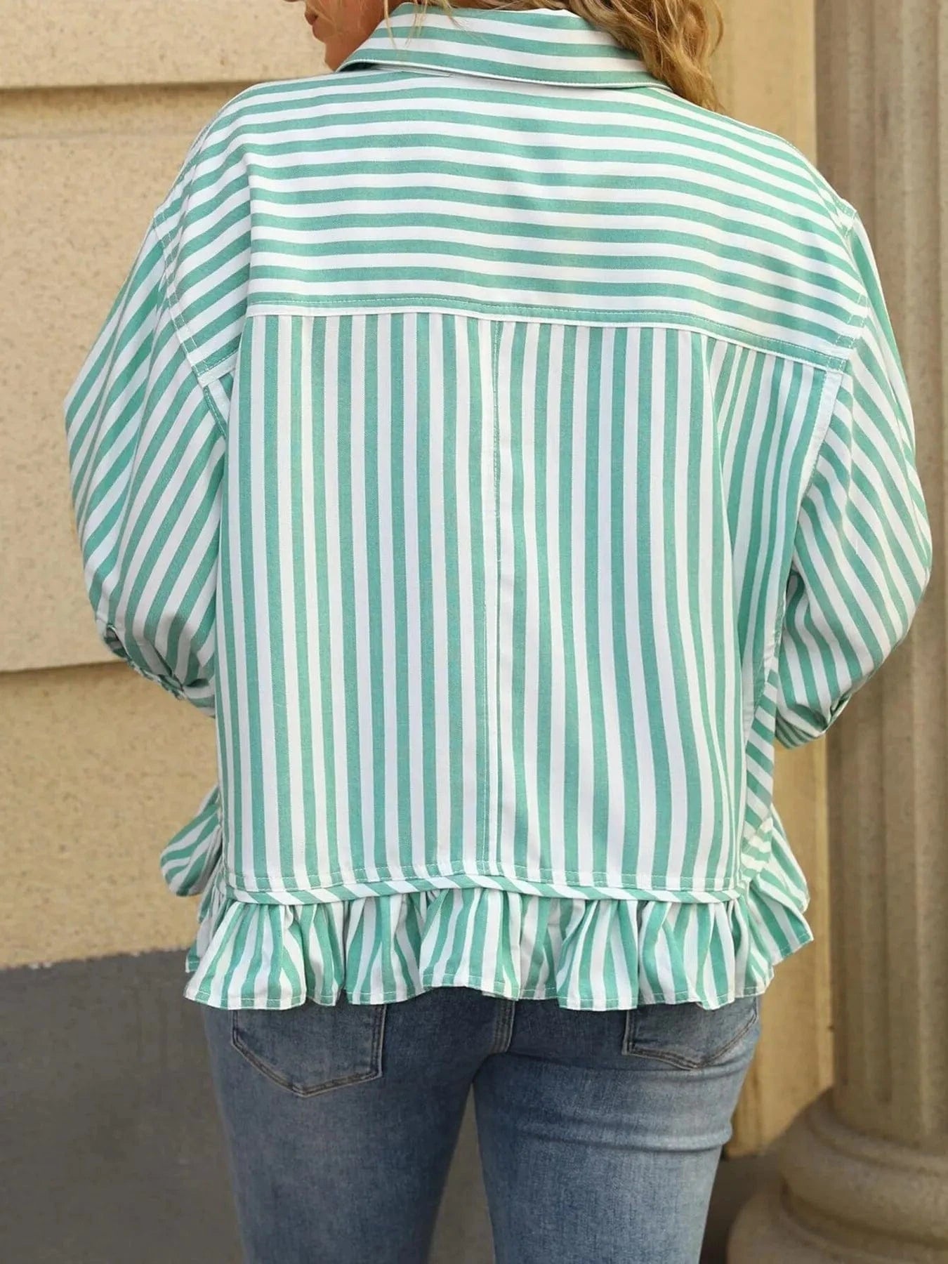 Striped Ruffle Hem Button - Up Shirt - ShalayeFashion
