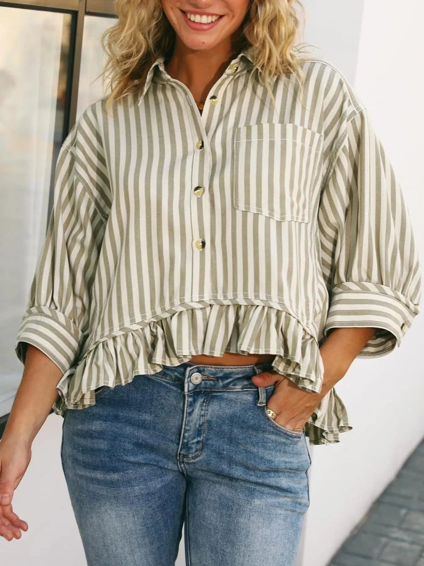 Striped Ruffle Hem Button - Up Shirt - ShalayeFashion
