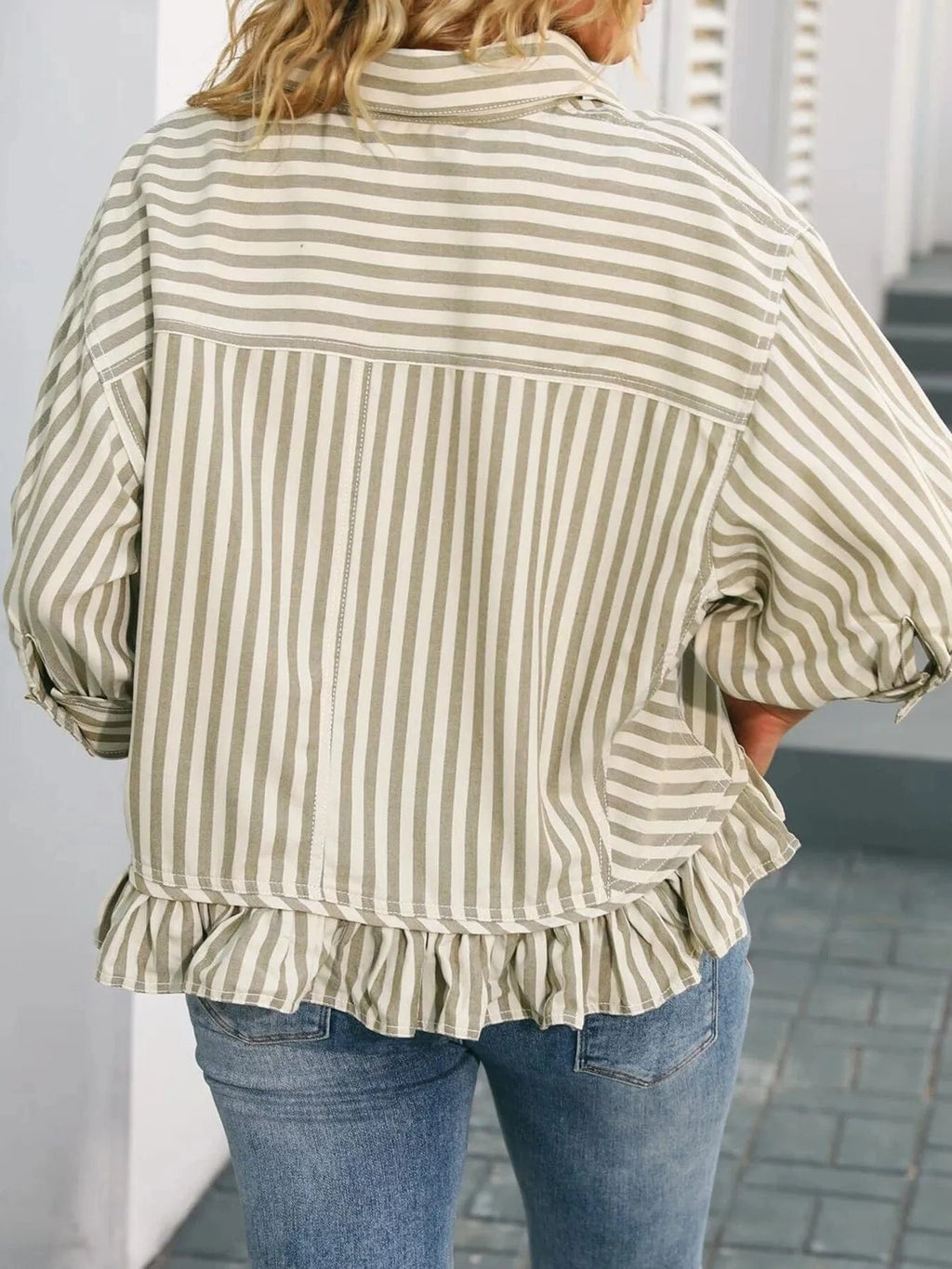 Striped Ruffle Hem Button - Up Shirt - ShalayeFashion