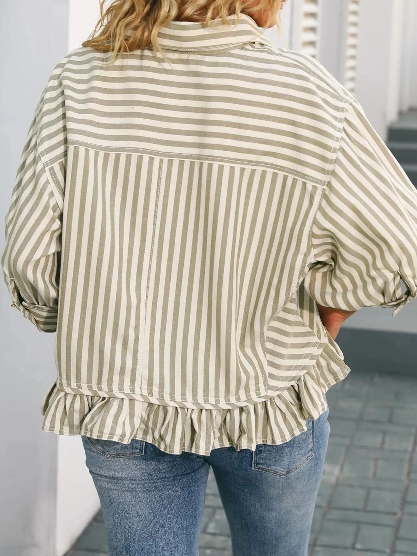 Striped Ruffle Hem Button - Up Shirt - ShalayeFashion