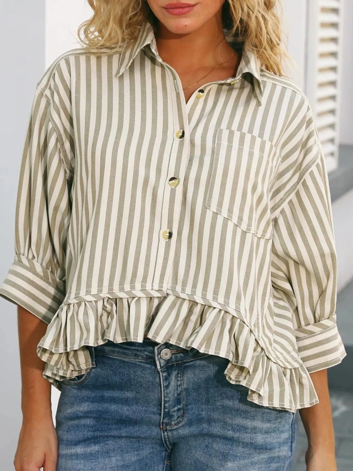 Striped Ruffle Hem Button - Up Shirt - ShalayeFashion