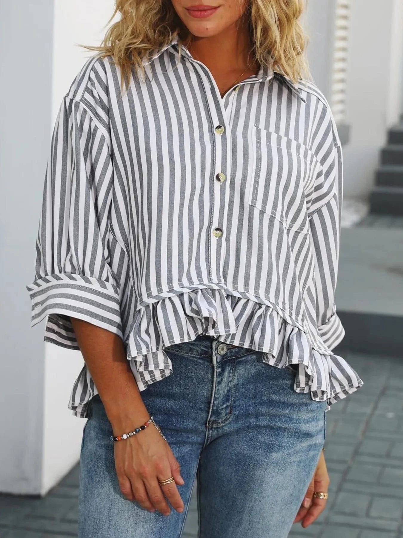 Striped Ruffle Hem Button - Up Shirt - ShalayeFashion