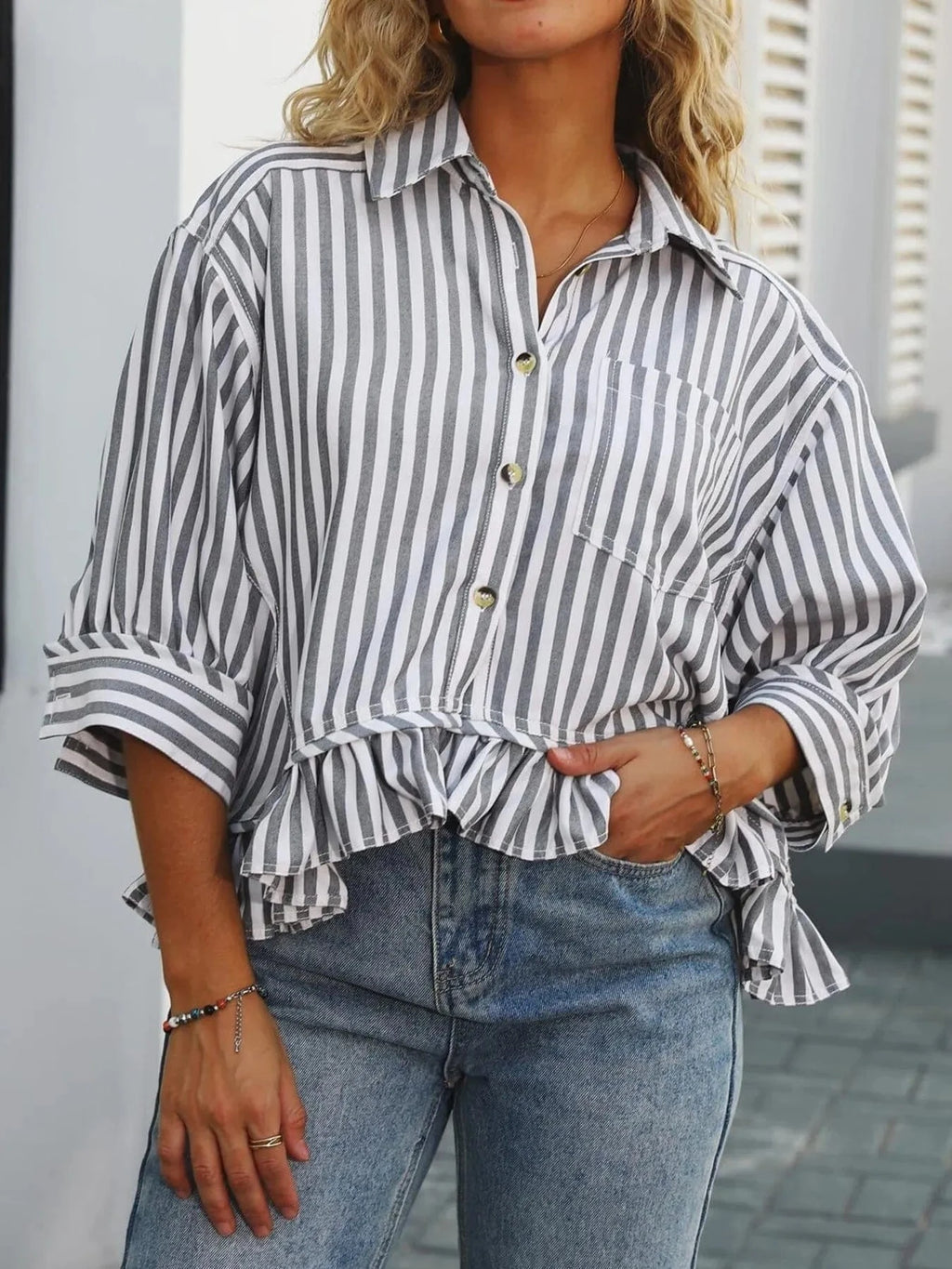 Striped Ruffle Hem Button - Up Shirt - ShalayeFashion