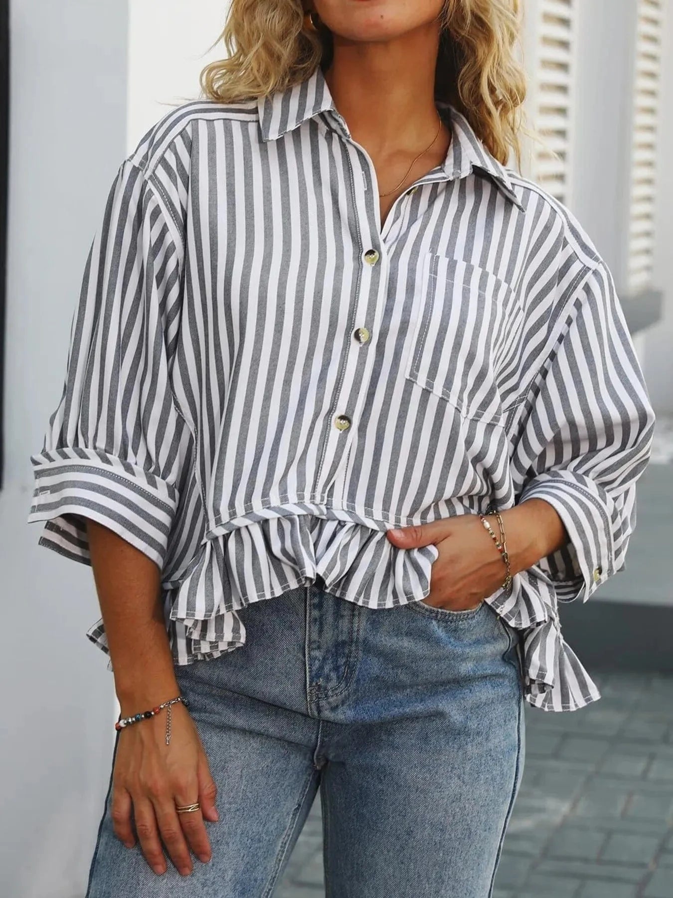 Striped Ruffle Hem Button - Up Shirt - ShalayeFashion