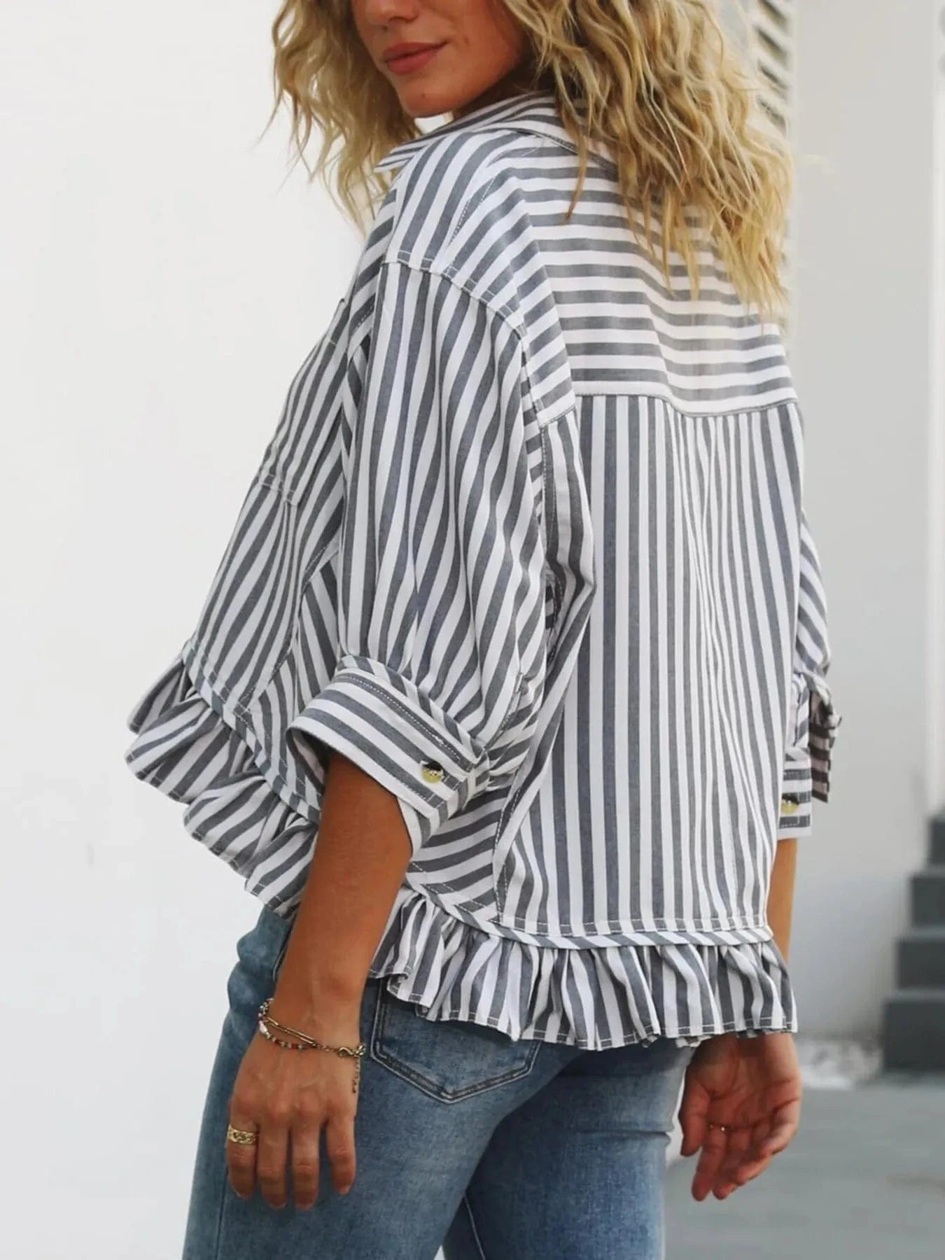Striped Ruffle Hem Button - Up Shirt - ShalayeFashion