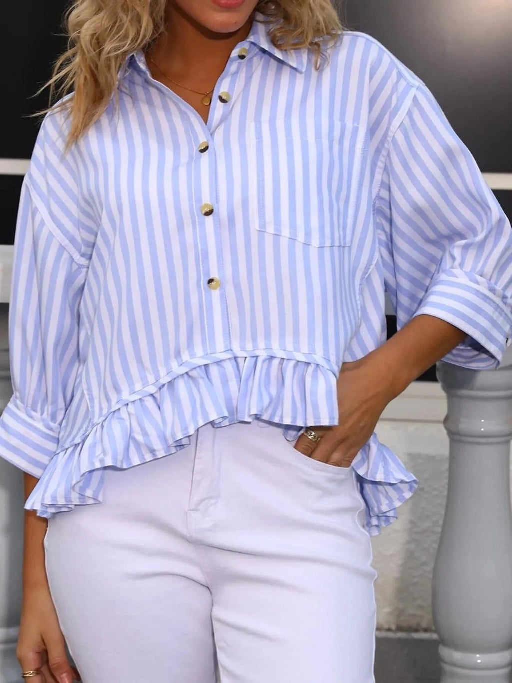 Striped Ruffle Hem Button - Up Shirt - ShalayeFashion