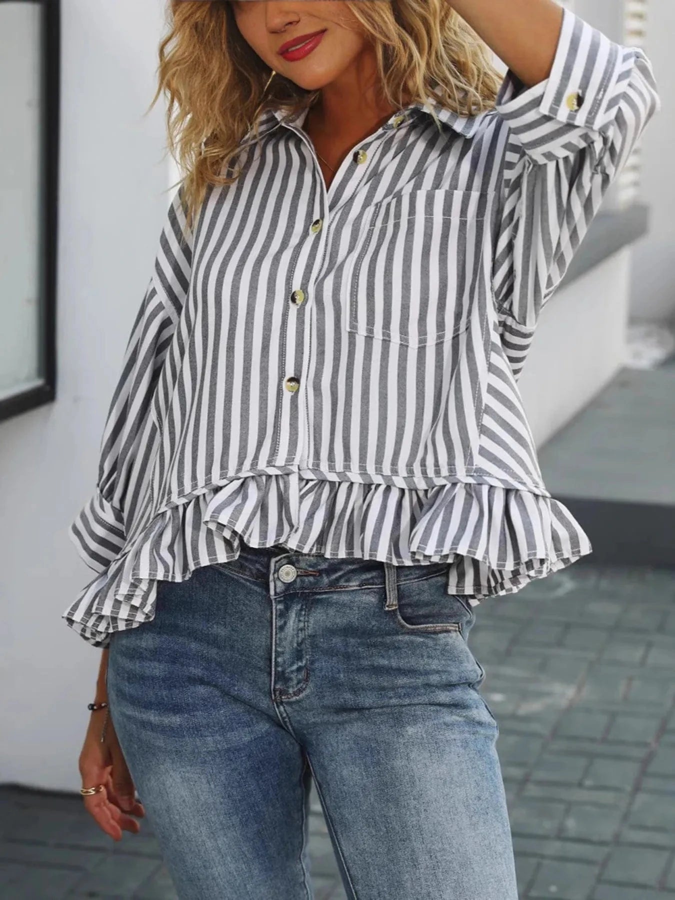 Striped Ruffle Hem Button - Up Shirt - ShalayeFashion