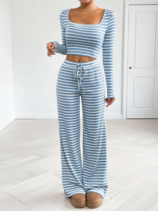 Striped Square Neck Long Sleeve Top and Pants Lounge Set - ShalayeFashion