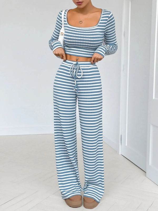 Striped Square Neck Long Sleeve Top and Pants Lounge Set - ShalayeFashion