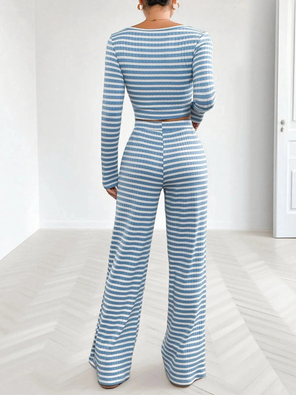 Striped Square Neck Long Sleeve Top and Pants Lounge Set - ShalayeFashion