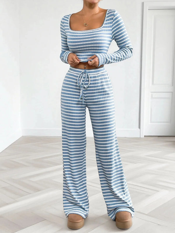 Striped Square Neck Long Sleeve Top and Pants Lounge Set - ShalayeFashion