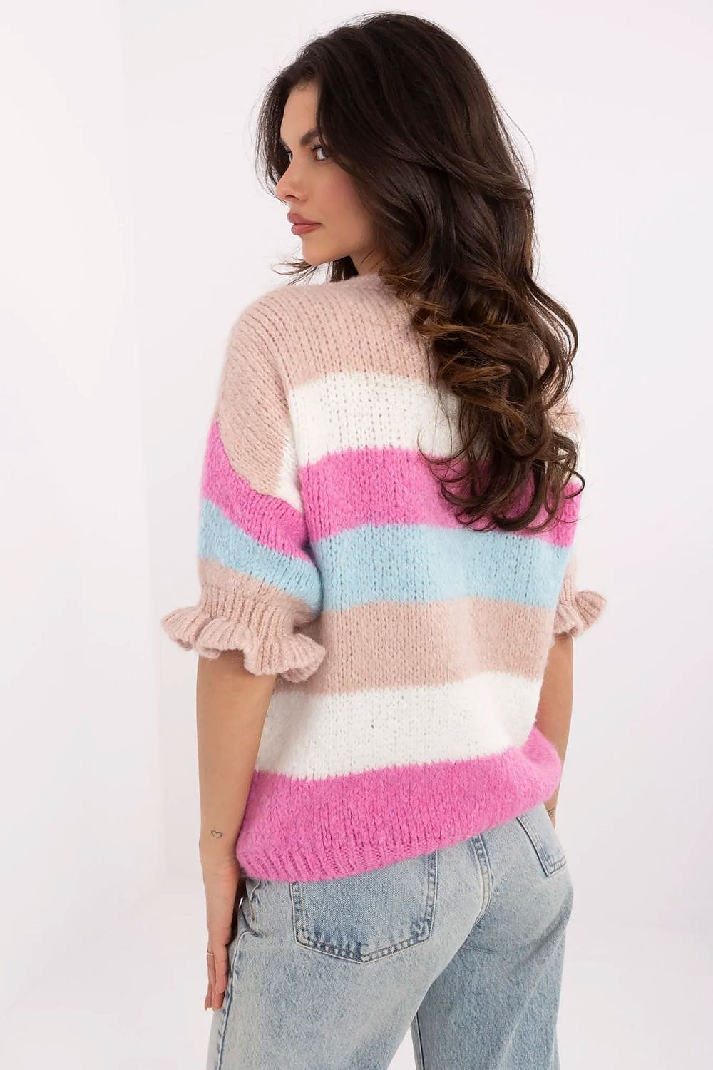 Striped Sweater Ruffle Sleeves Round Neck - ShalayeFashion