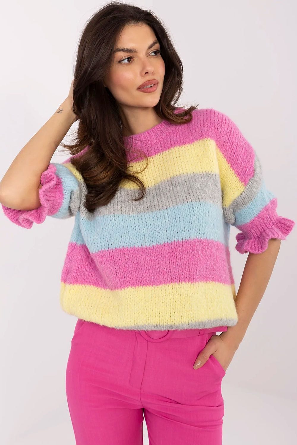 Striped Sweater Ruffle Sleeves Round Neck - ShalayeFashion