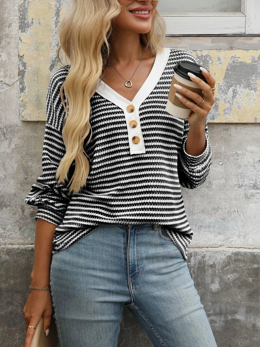 Striped V - Neck Button Front Casual Top - ShalayeFashion