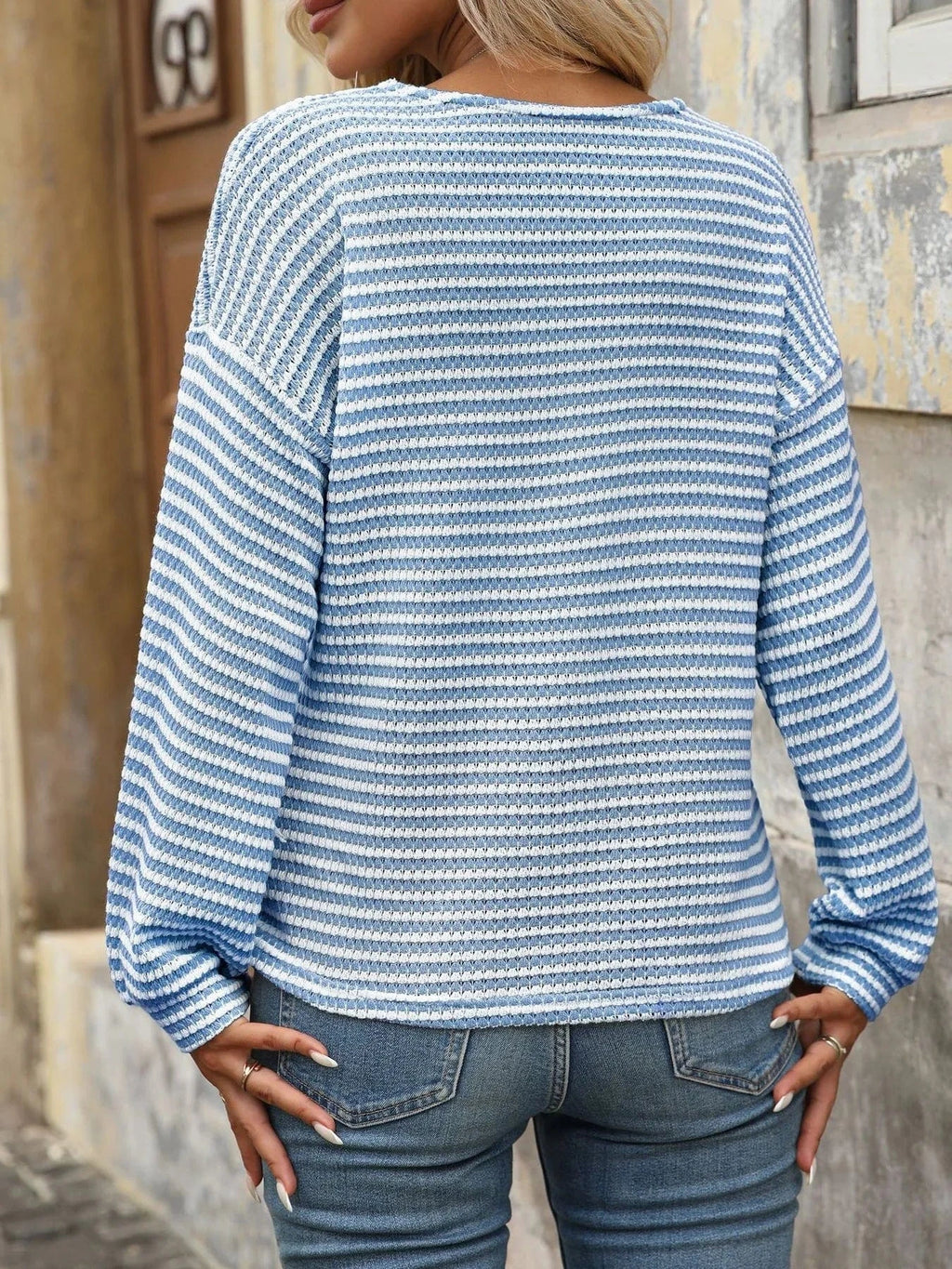 Striped V - Neck Button Front Casual Top - ShalayeFashion