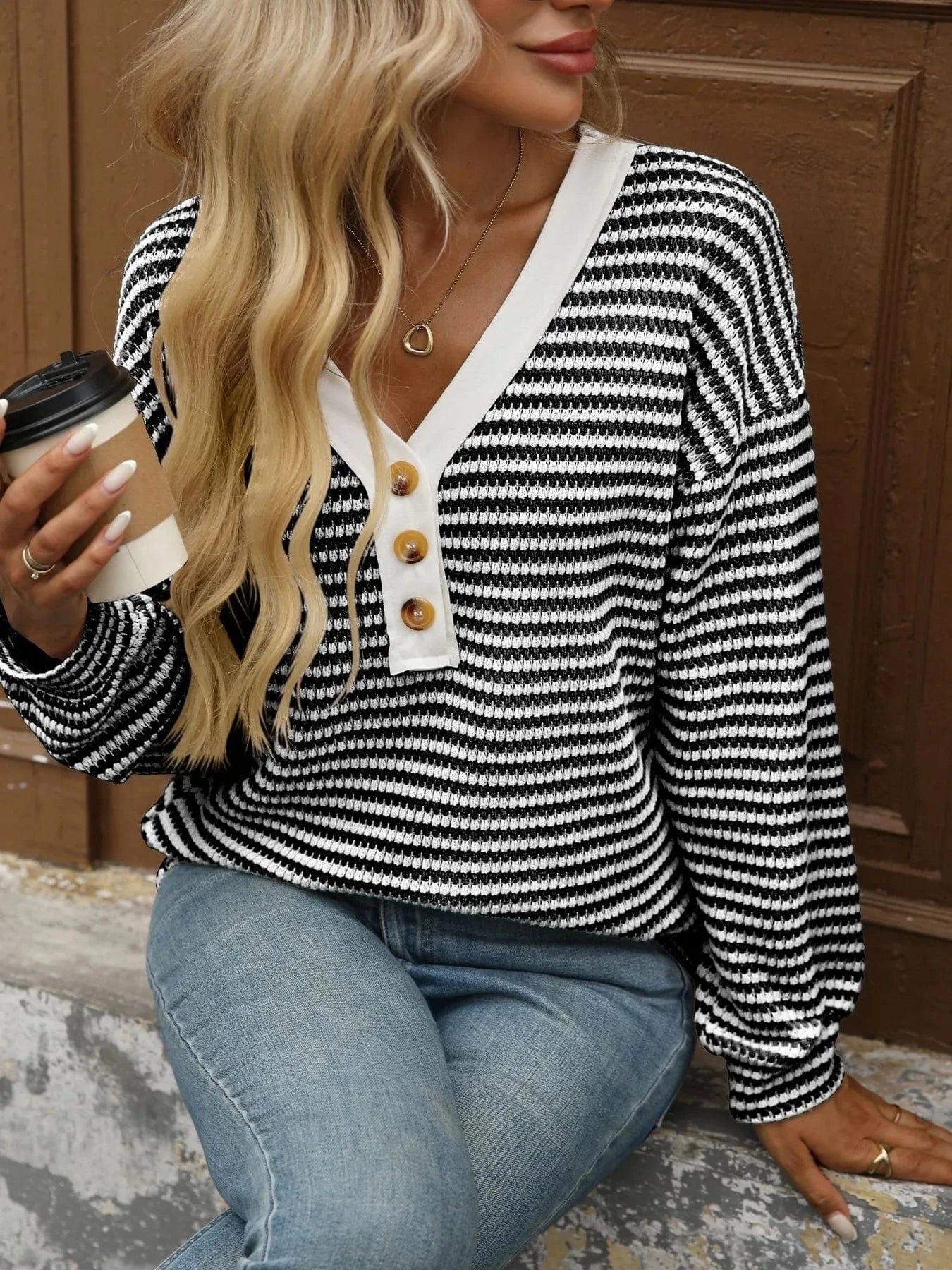 Striped V - Neck Button Front Casual Top - ShalayeFashion
