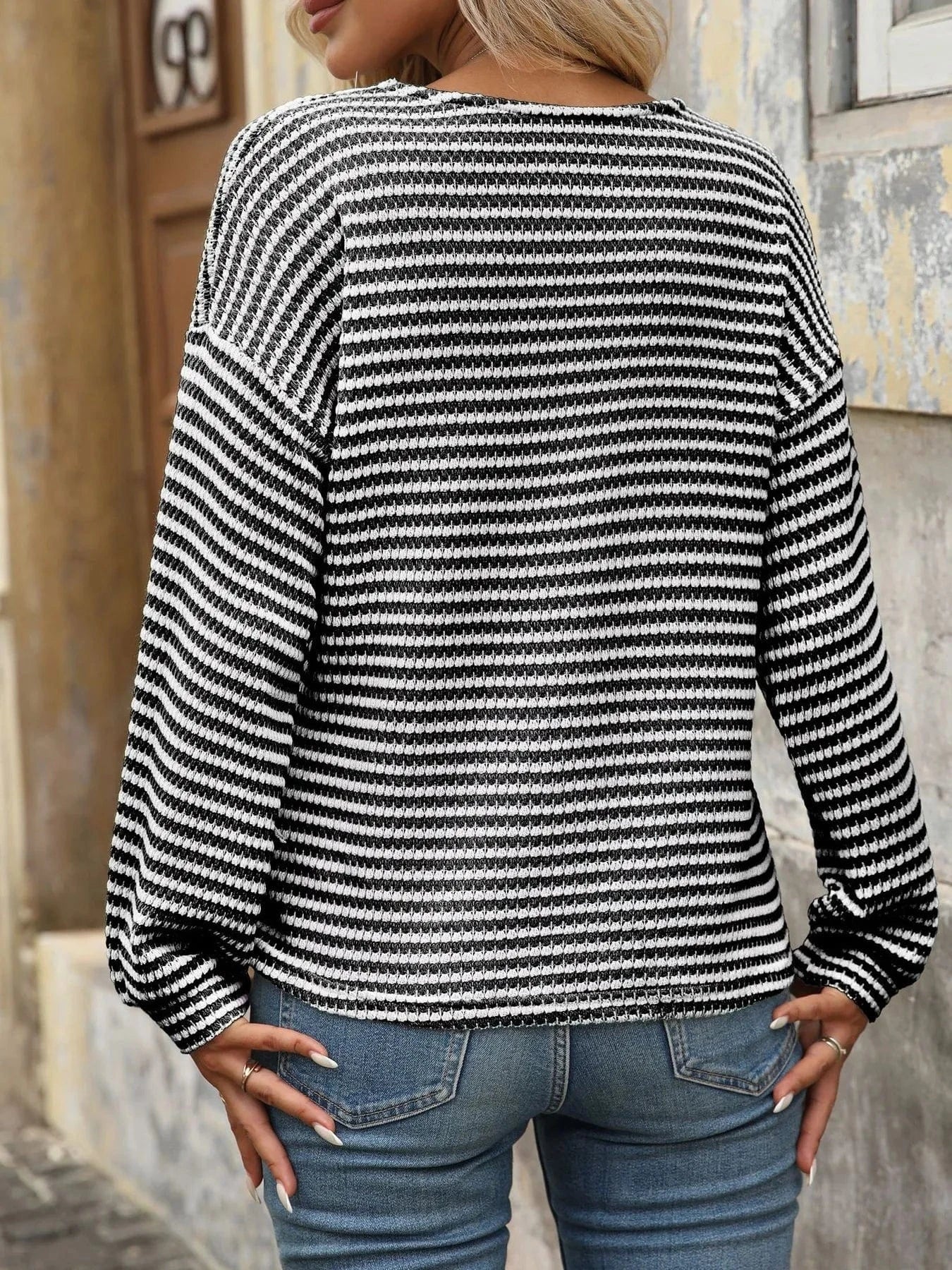 Striped V - Neck Button Front Casual Top - ShalayeFashion