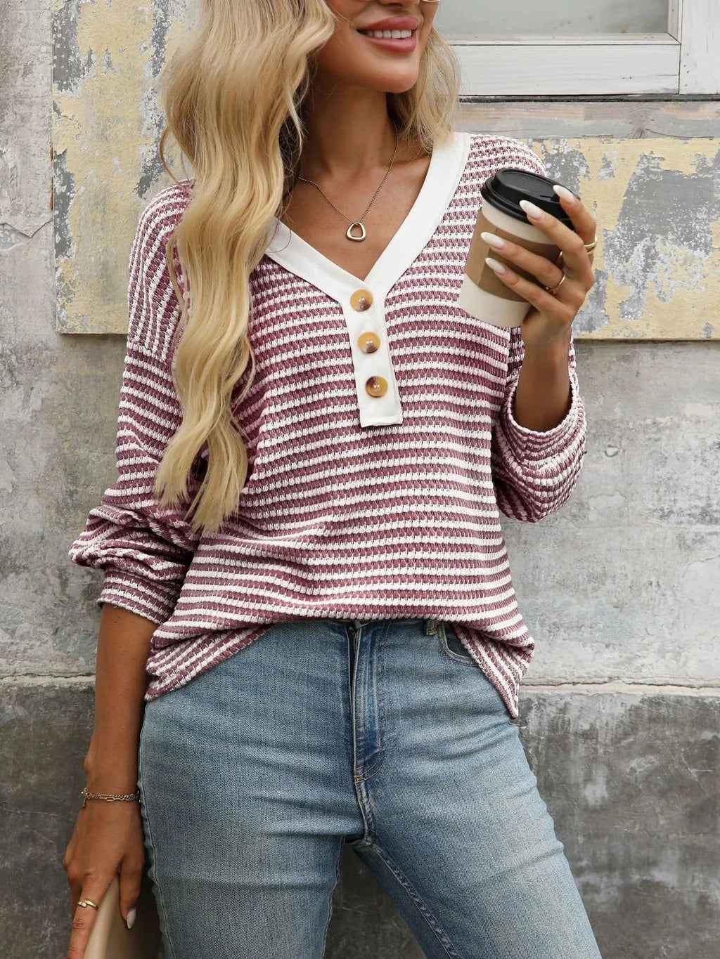 Striped V - Neck Button Front Casual Top - ShalayeFashion