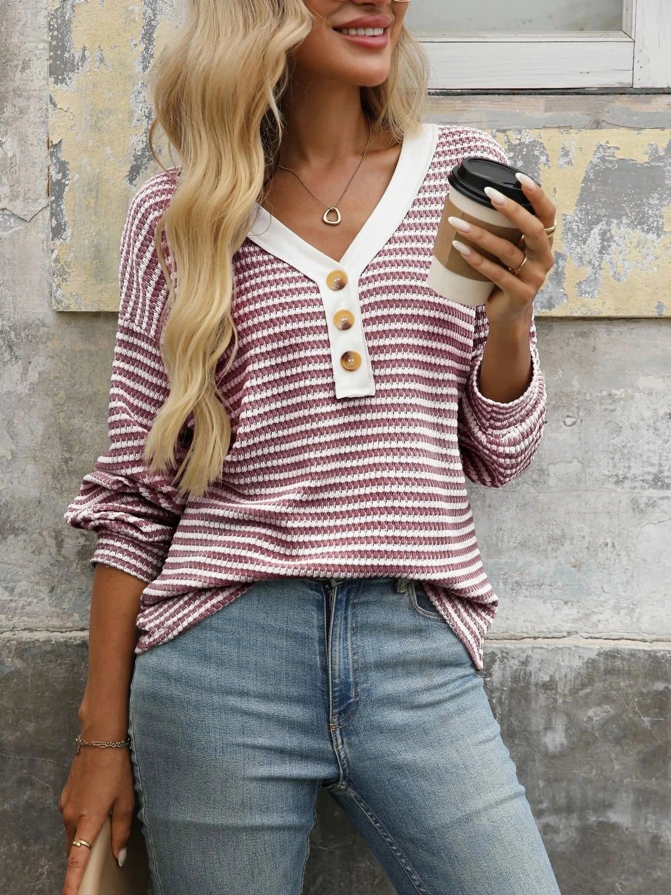 Striped V - Neck Button Front Casual Top - ShalayeFashion