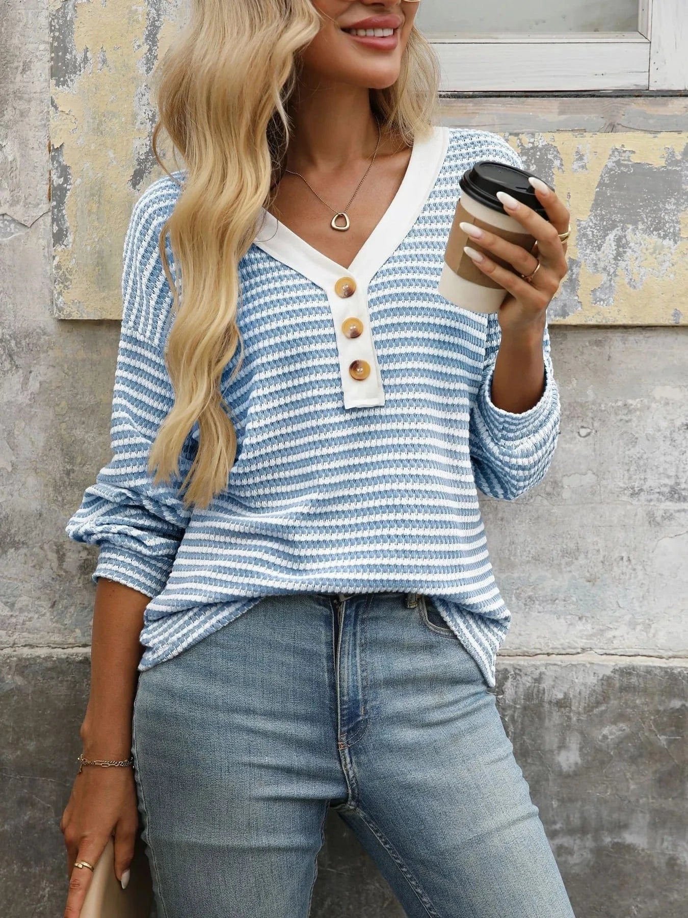 Striped V - Neck Button Front Casual Top - ShalayeFashion