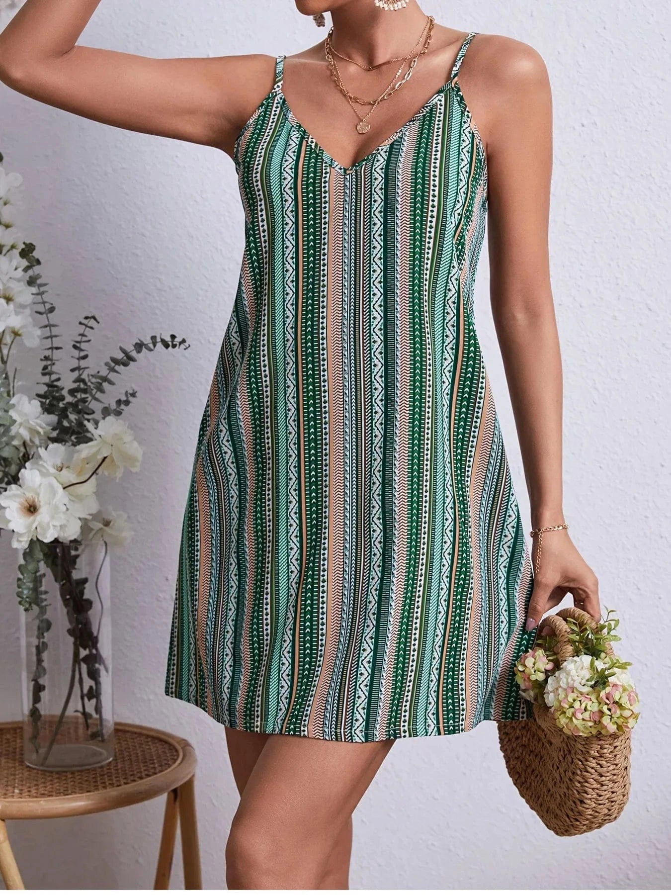 Striped V - Neck Cami Dress - ShalayeFashion