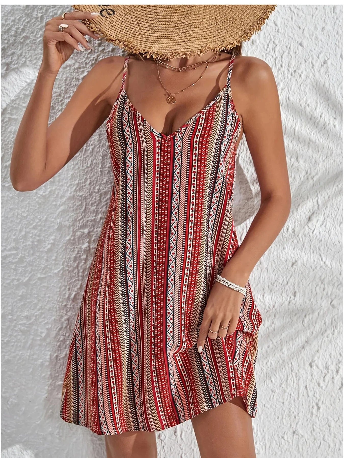 Striped V - Neck Cami Dress - ShalayeFashion