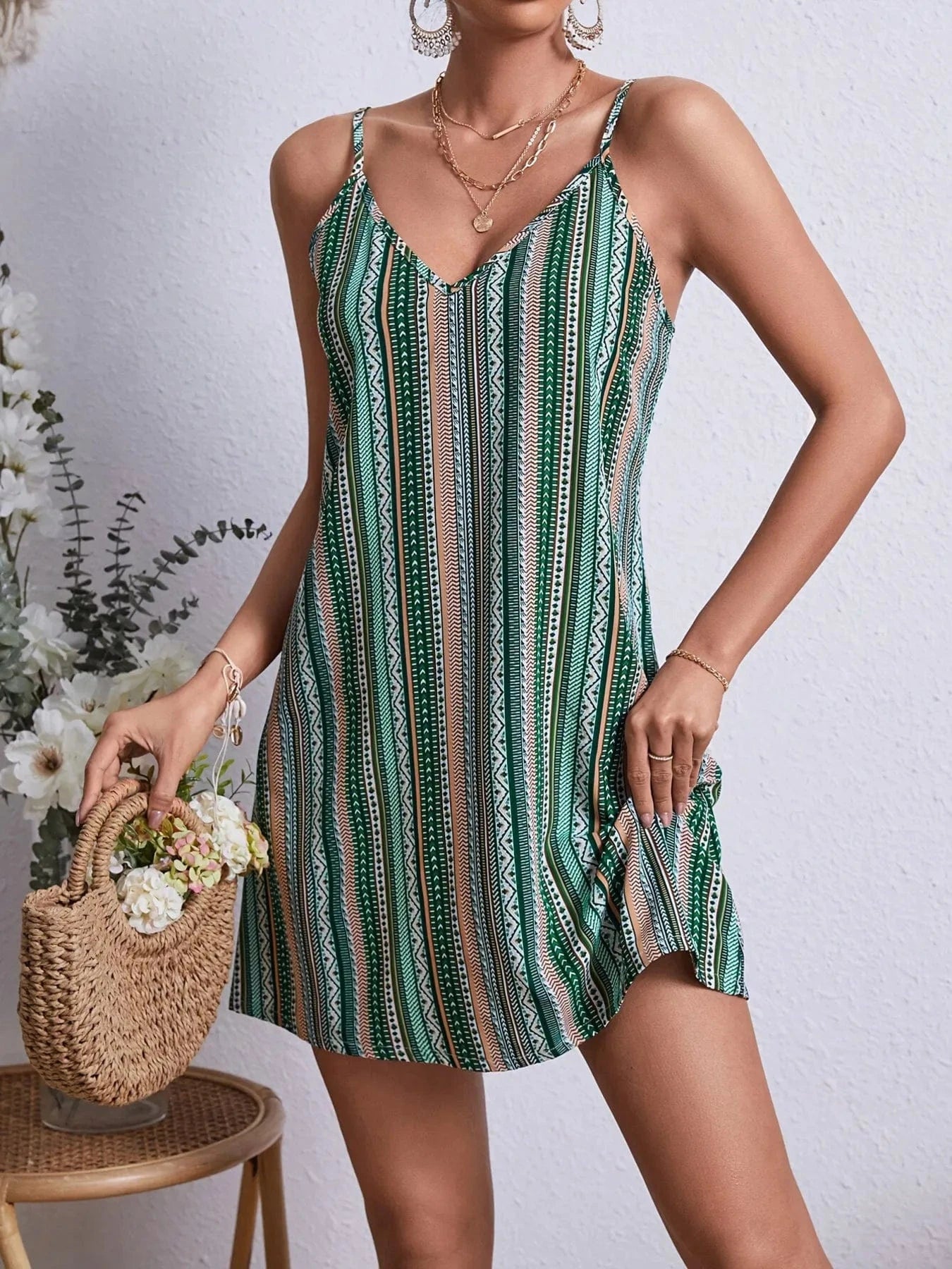 Striped V - Neck Cami Dress - ShalayeFashion