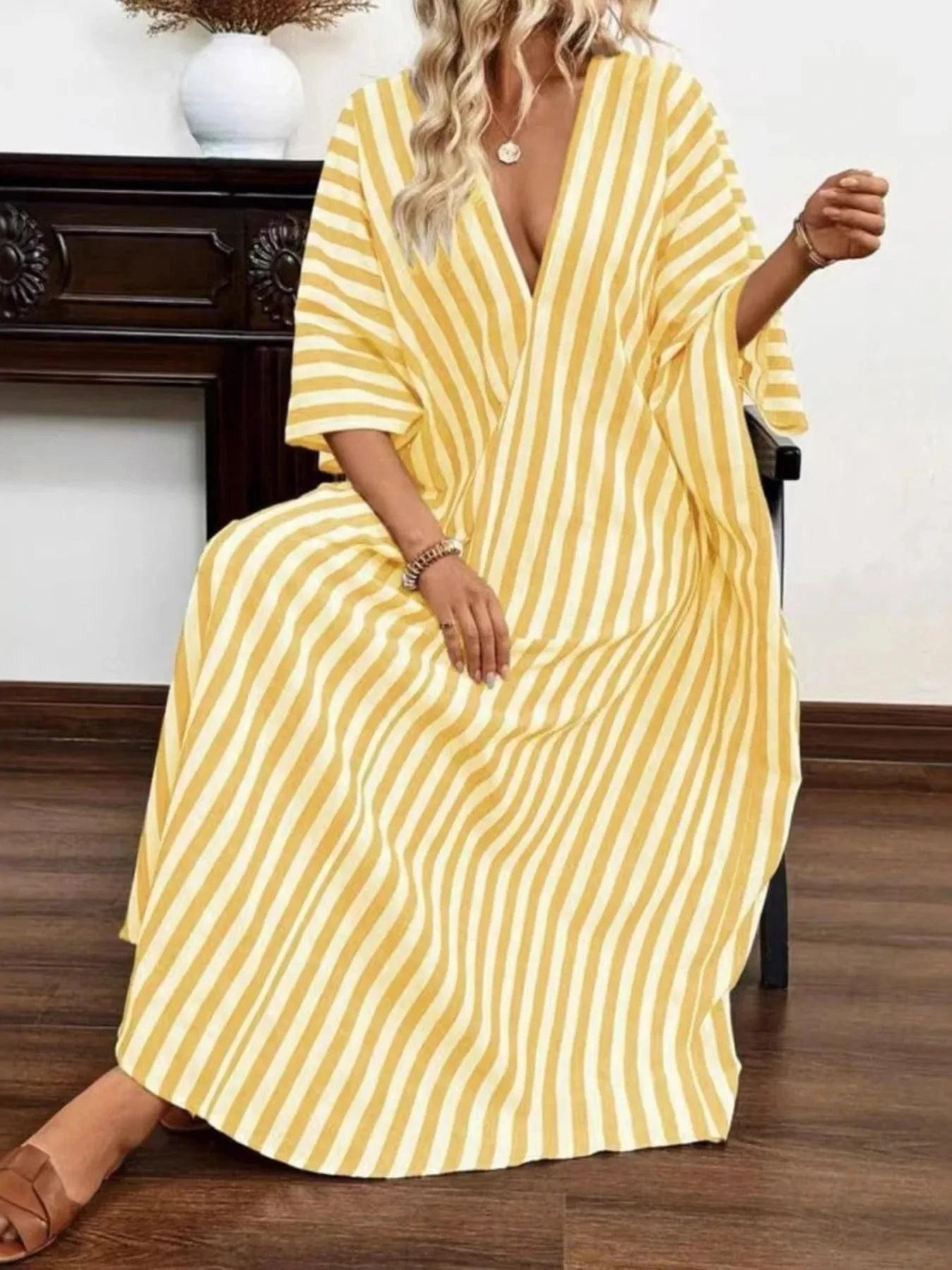 Striped V - Neck Maxi Dress - ShalayeFashion