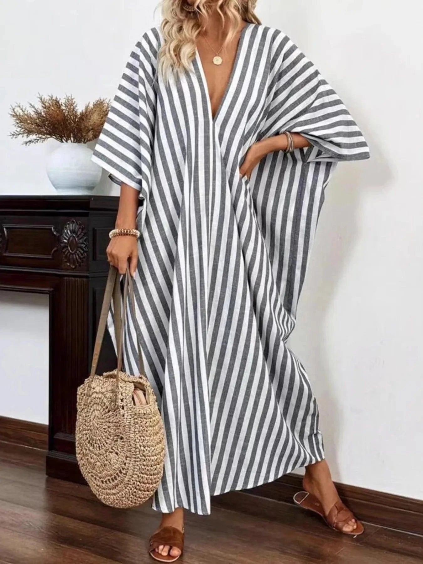 Striped V - Neck Maxi Dress - ShalayeFashion