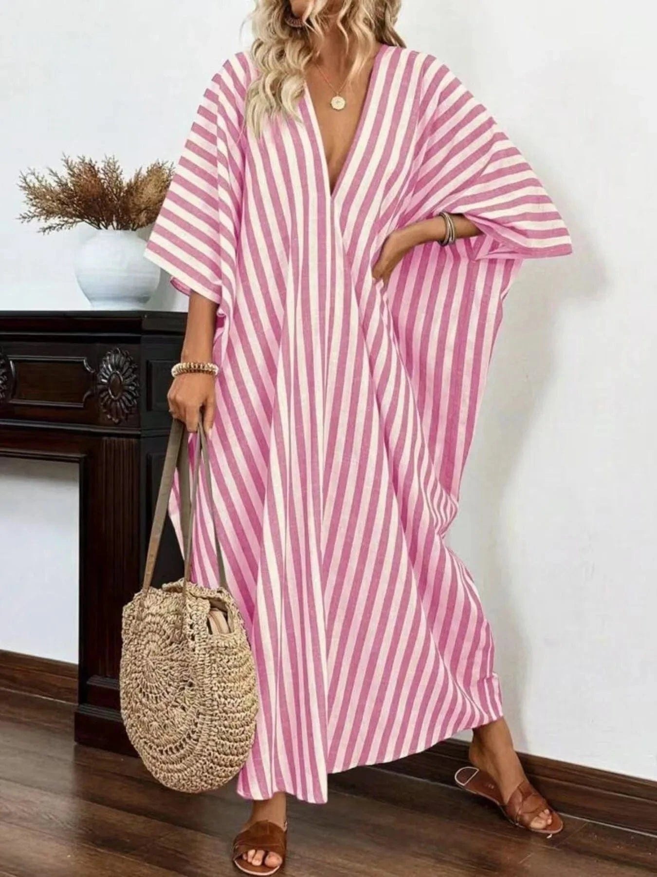 Striped V - Neck Maxi Dress - ShalayeFashion