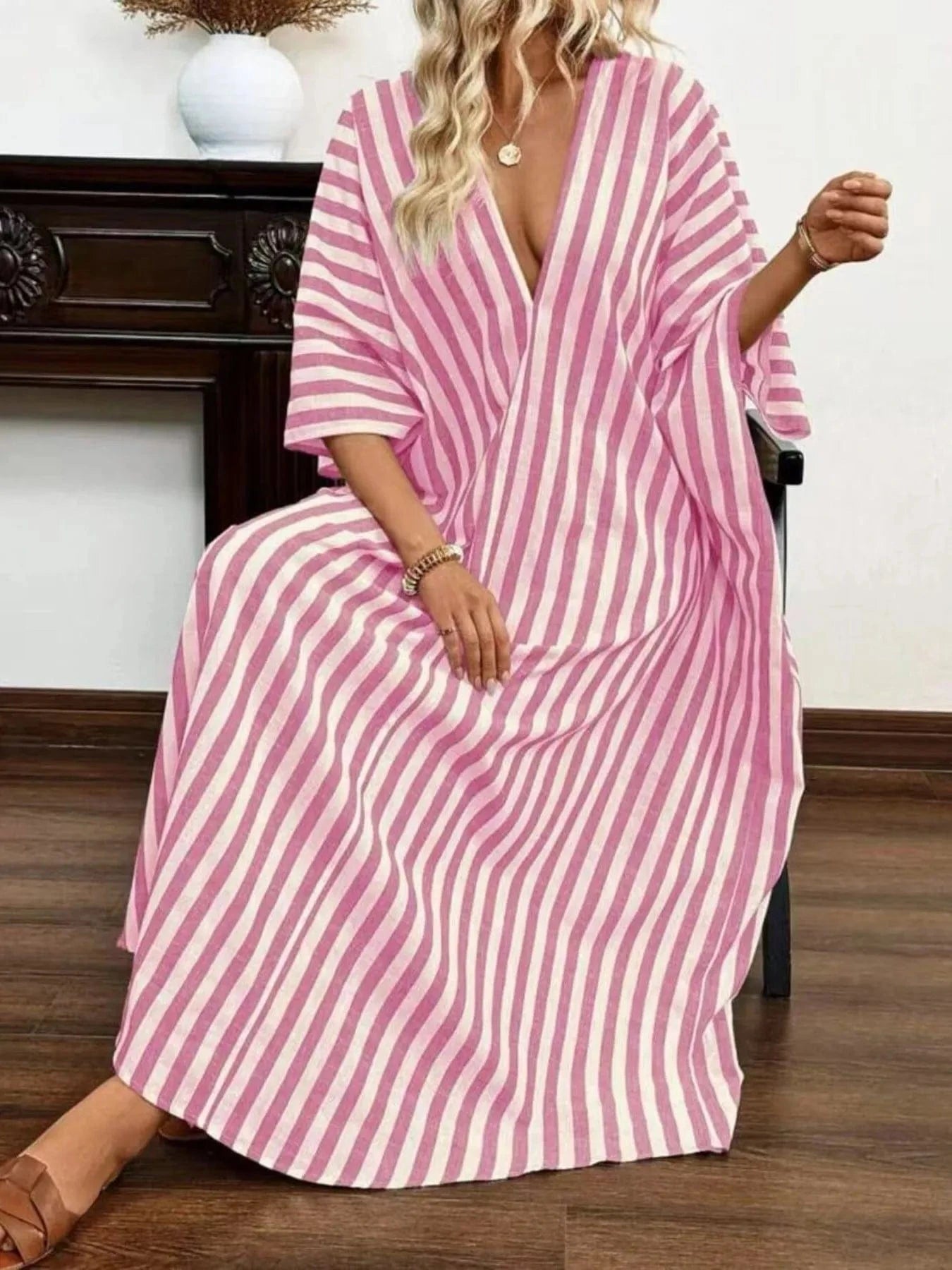 Striped V - Neck Maxi Dress - ShalayeFashion