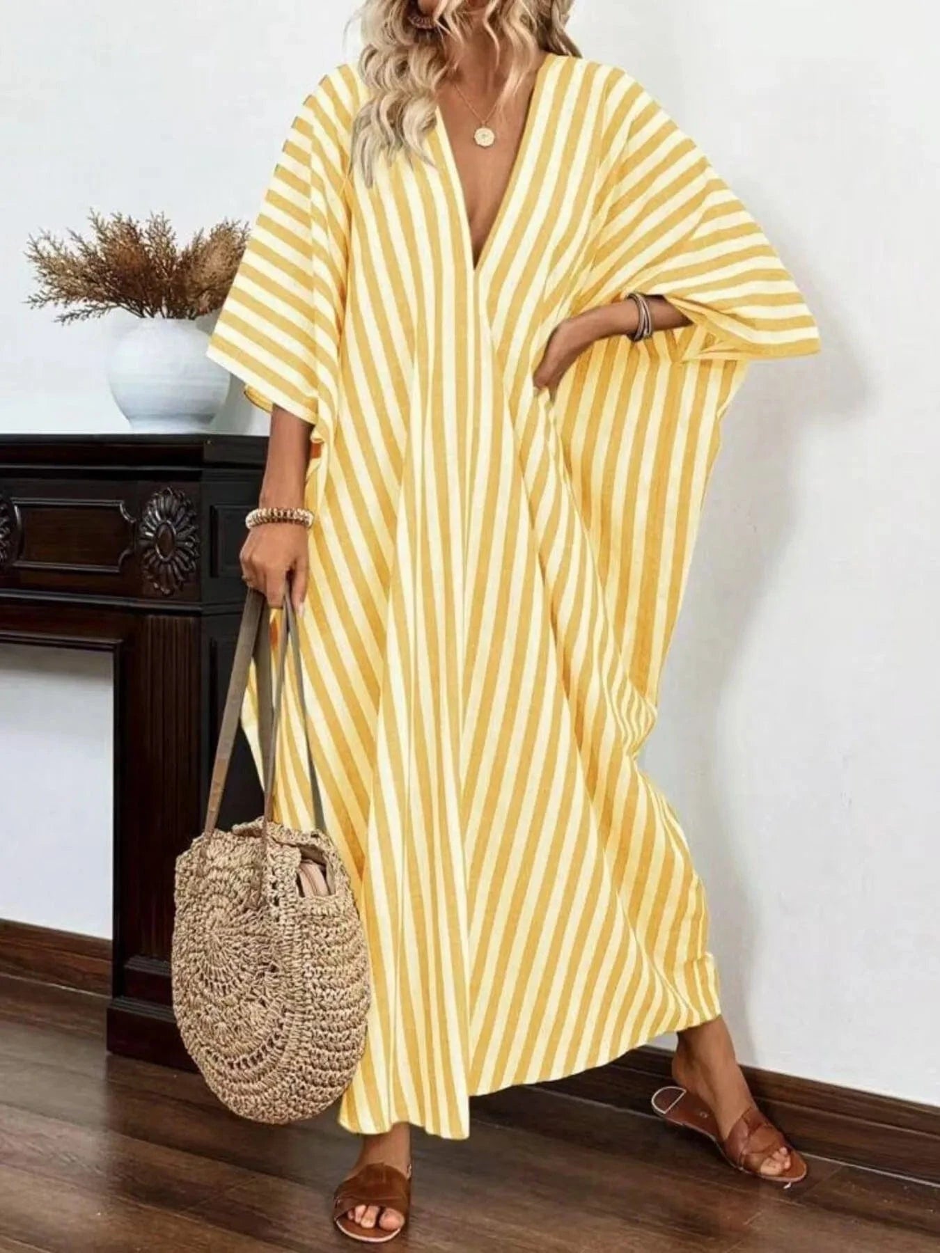 Striped V - Neck Maxi Dress - ShalayeFashion