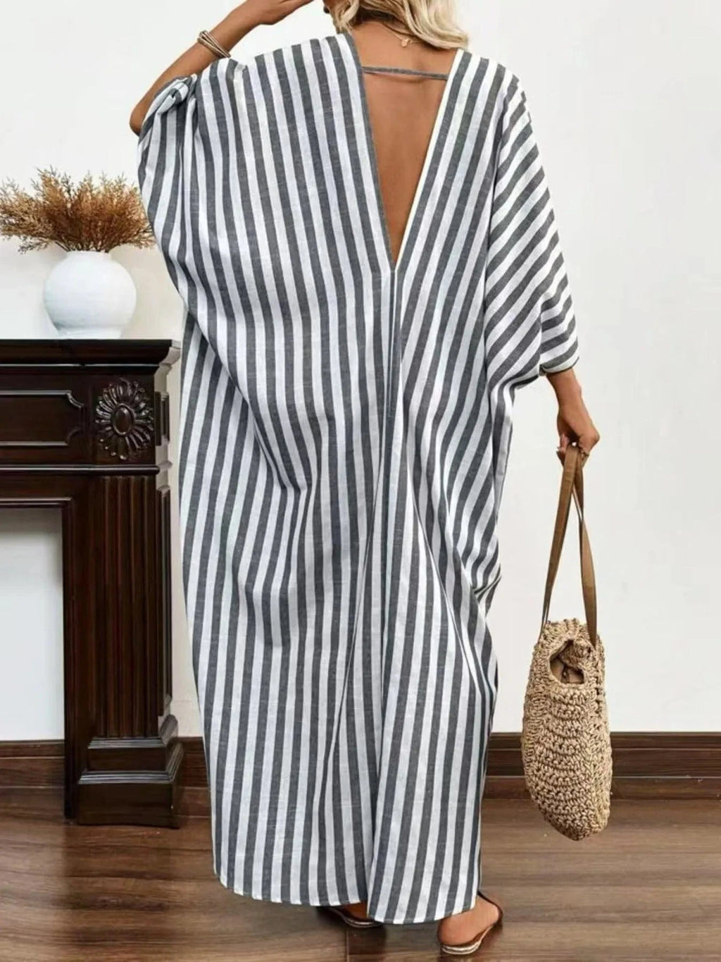 Striped V - Neck Maxi Dress - ShalayeFashion