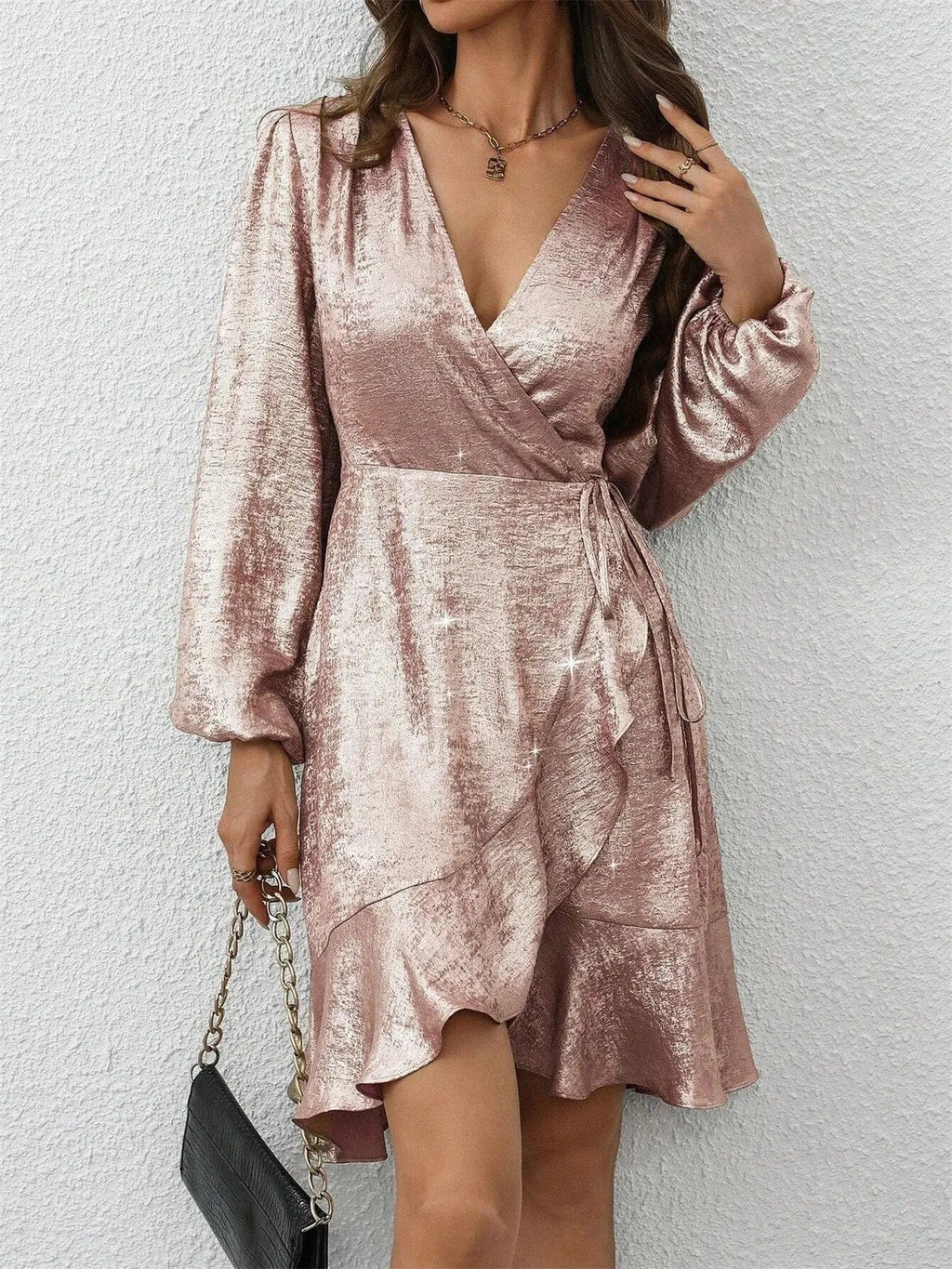 Surplice Long Sleeve Mini Dress - ShalayeFashion