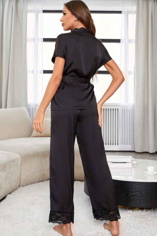 Surplice Neck Tie Waist Top and Pants Pajama Set - ShalayeFashion