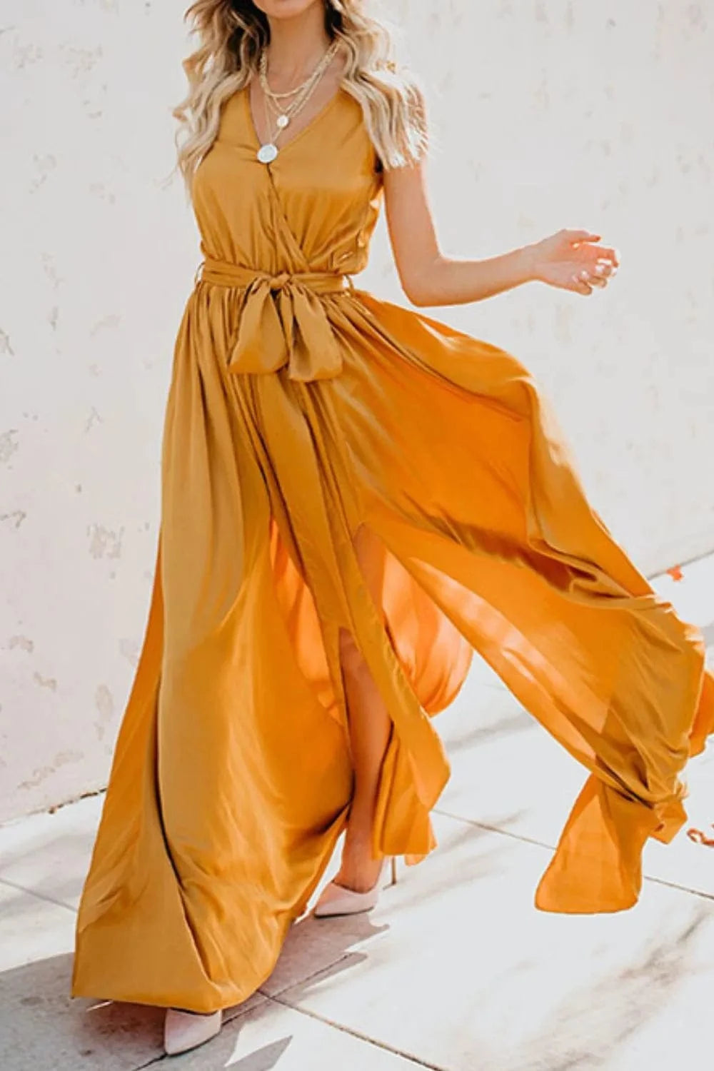 Surplice Tie Waist Maxi Dress - ShalayeFashion