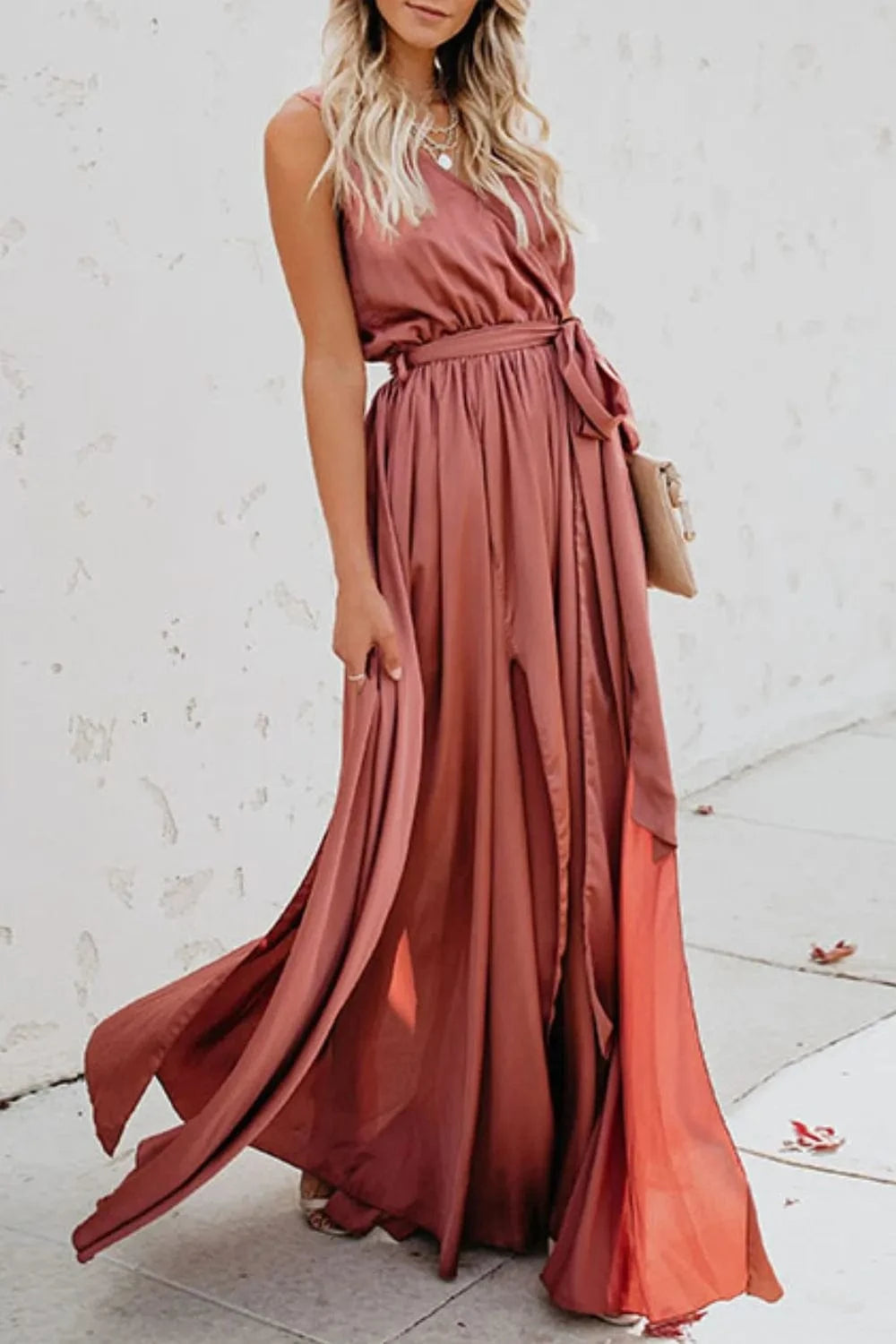 Surplice Tie Waist Maxi Dress - ShalayeFashion