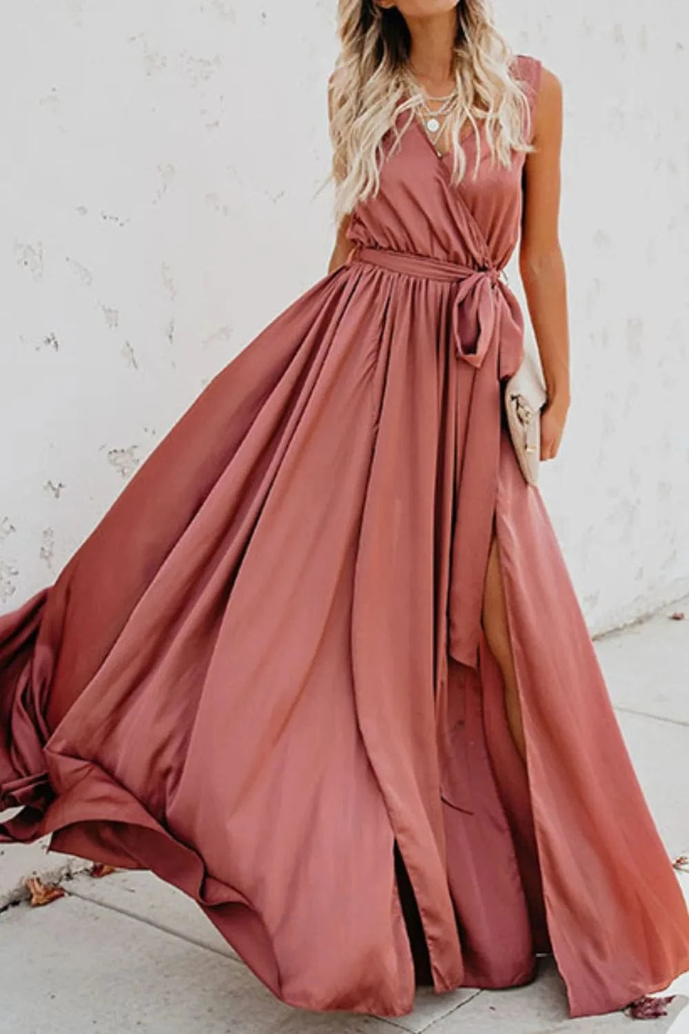 Surplice Tie Waist Maxi Dress - ShalayeFashion