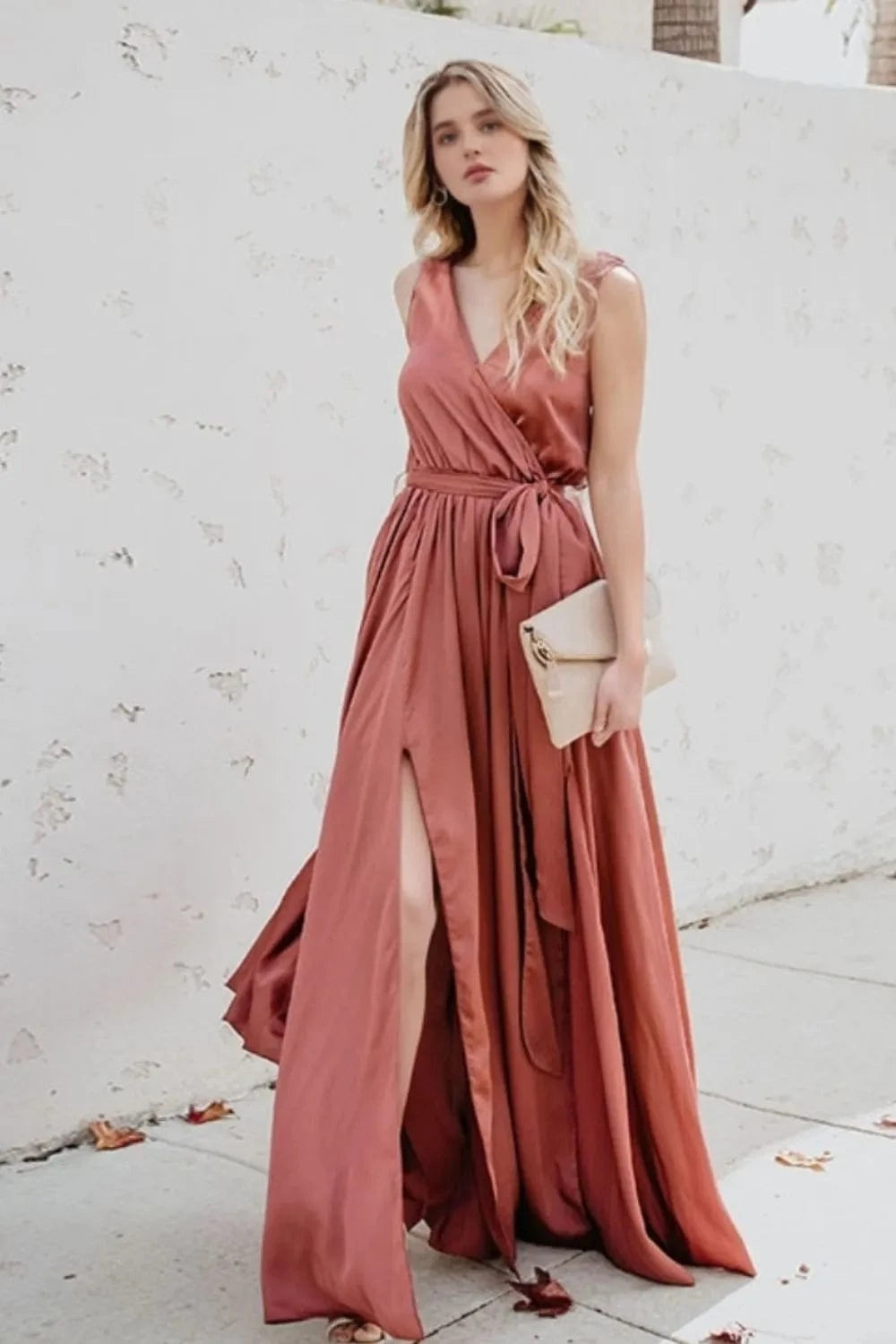 Surplice Tie Waist Maxi Dress - ShalayeFashion